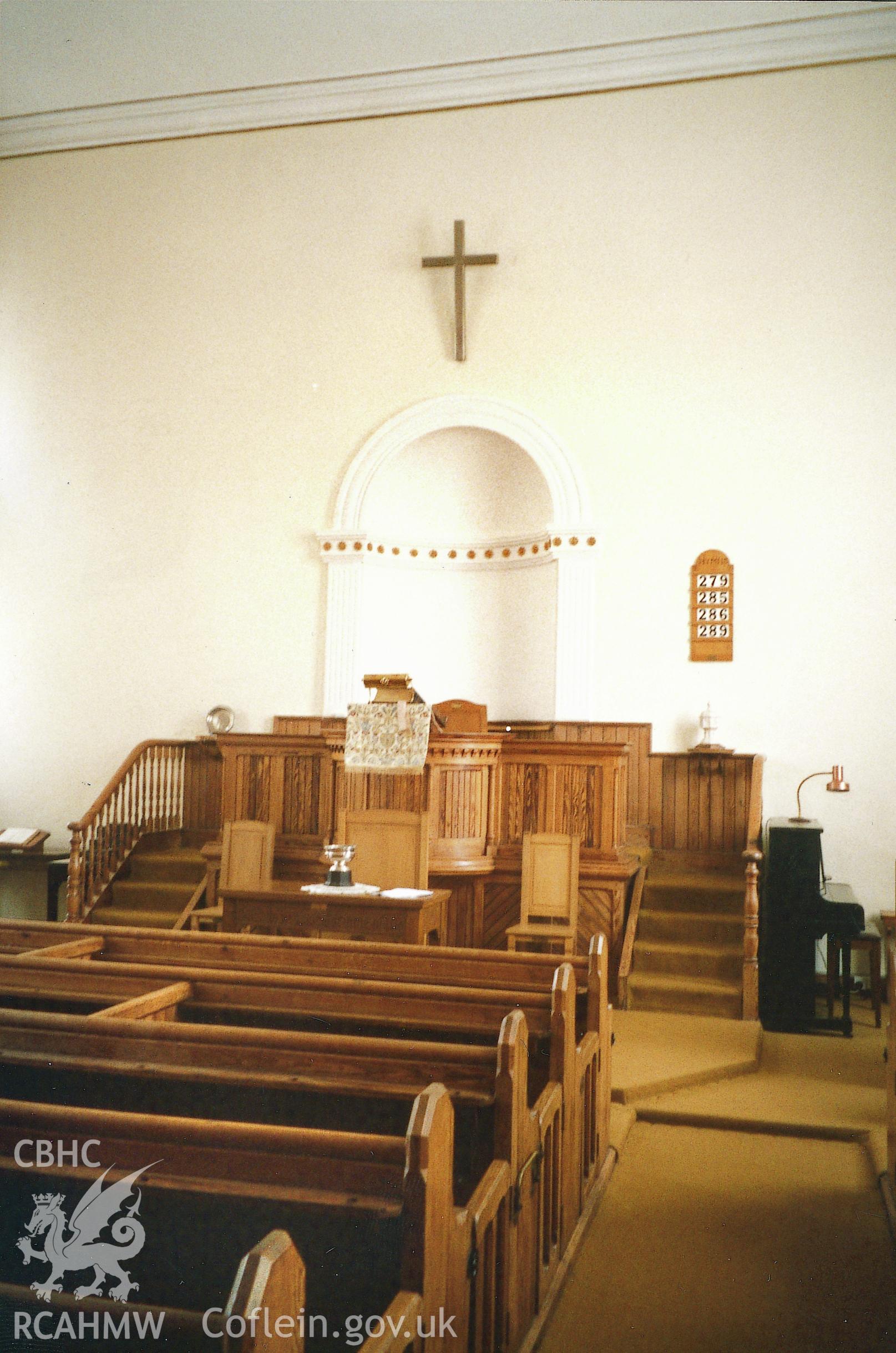 Digital copy of a colour photograph showing an interior view of Ebenezer Presbyterian Chapel, Haverfordwest,  taken by Robert Scourfield, 1995.