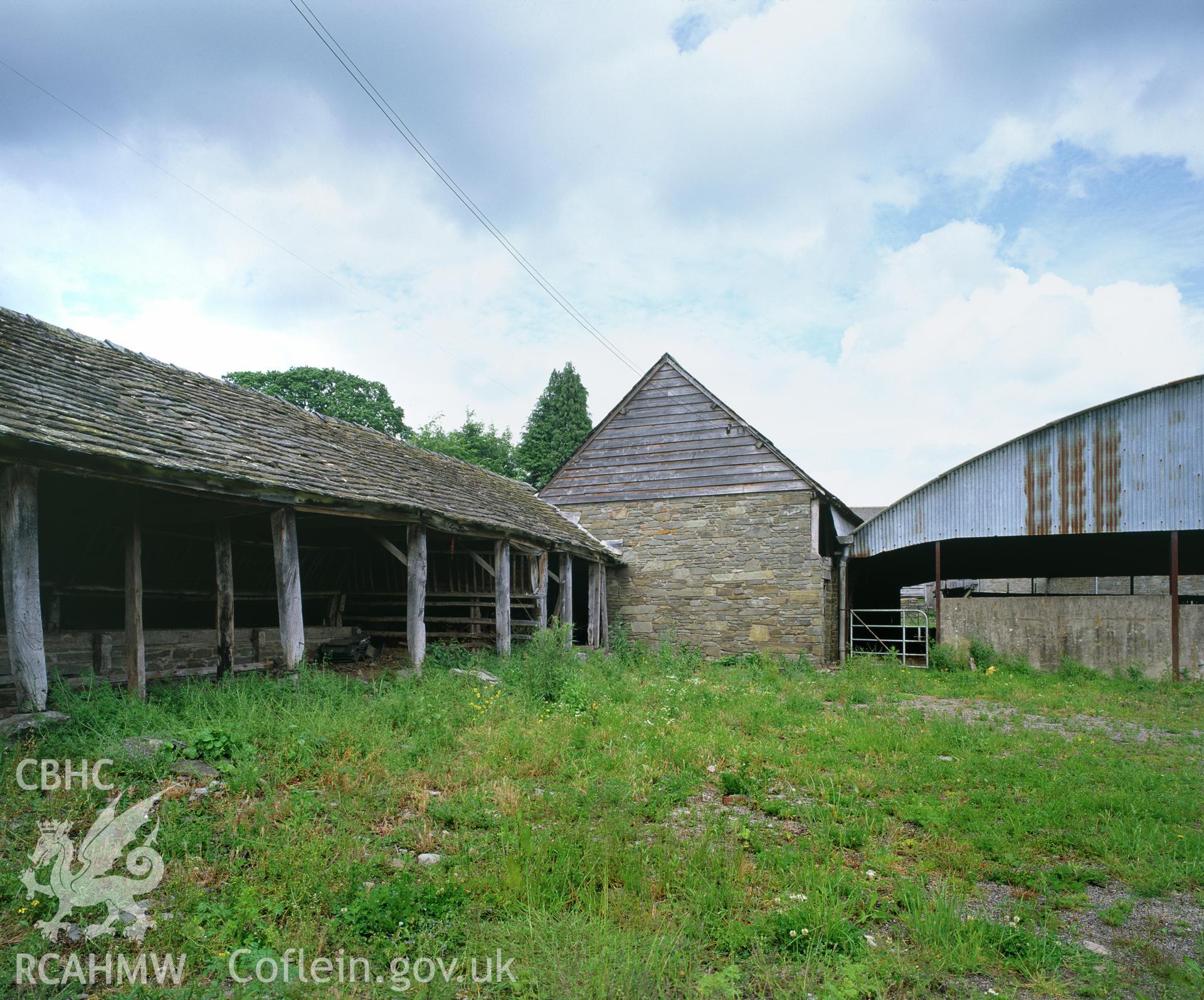 RCAHMW colour transparency showing a general view of the cowhouse range at Clyro Court Farm, taken by Fleur James, August 2003