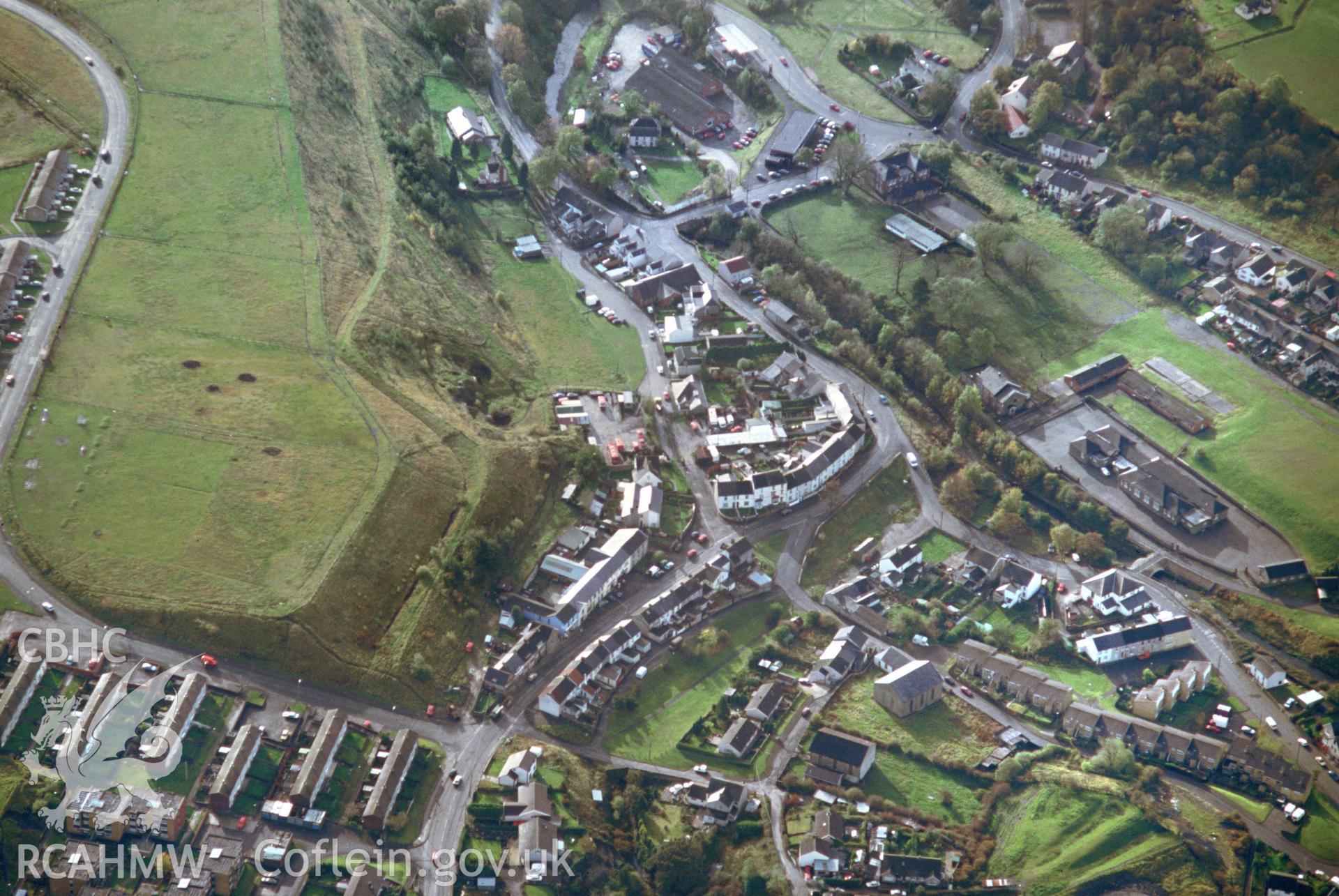 RCAHMW colour slide oblique aerial photograph of Sirhowy Ironworks, Tredegar, taken on 21/10/1992 by CR Musson