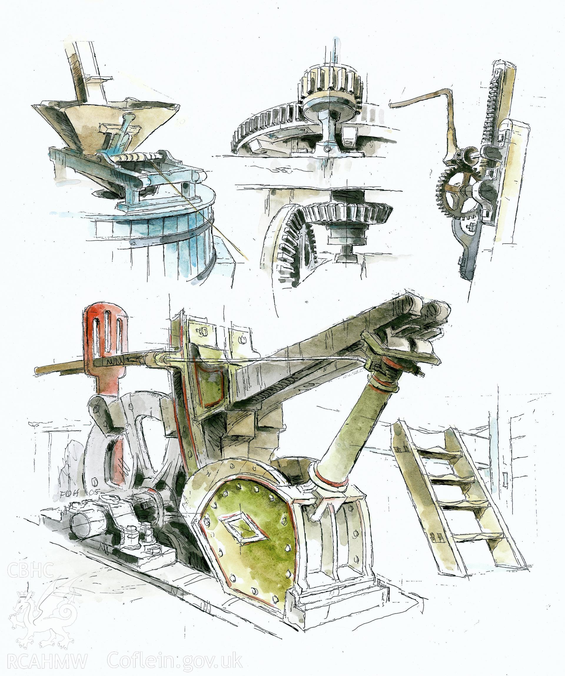 Moelwyn Fulling Mill, Blaenau Ffestiniog;  digitized copy of a coloured pen and ink illustration showing the fulling stock in Moelwyn Mill and various typical features of other mills, produced by Falcon D. Hildred