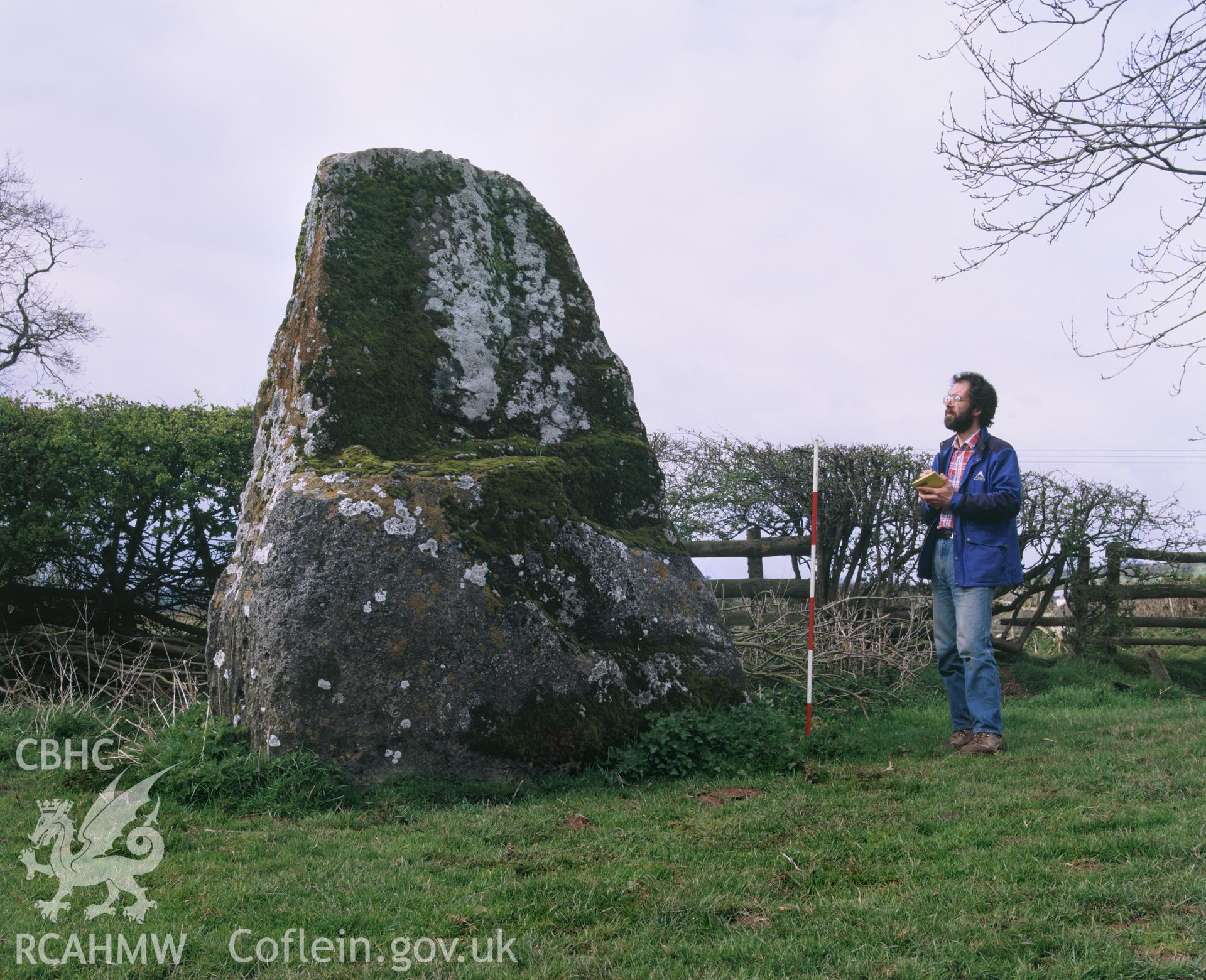 Colour transparency showing a view of Gileston Standing Stone, produced by Iain Wright, c.1981.