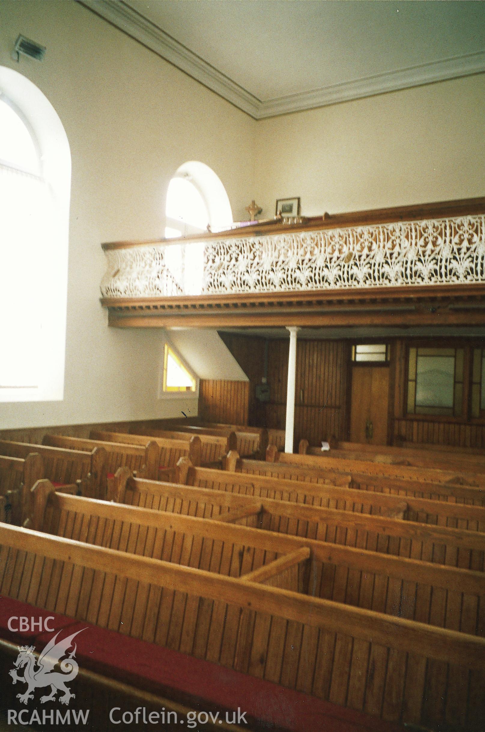 Digital copy of a colour photograph showing an interior view of Ebenezer Presbyterian Chapel, Haverfordwest,  taken by Robert Scourfield, 1995.