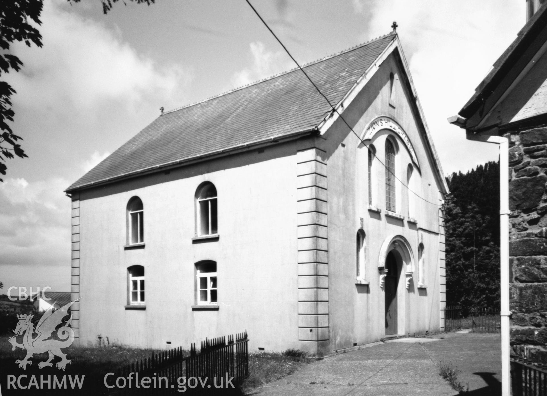 Digital copy of a black and white photograph showing an exterior view of Zion Hill Congregational Chapel,  taken by Robert Scourfield, 1996.