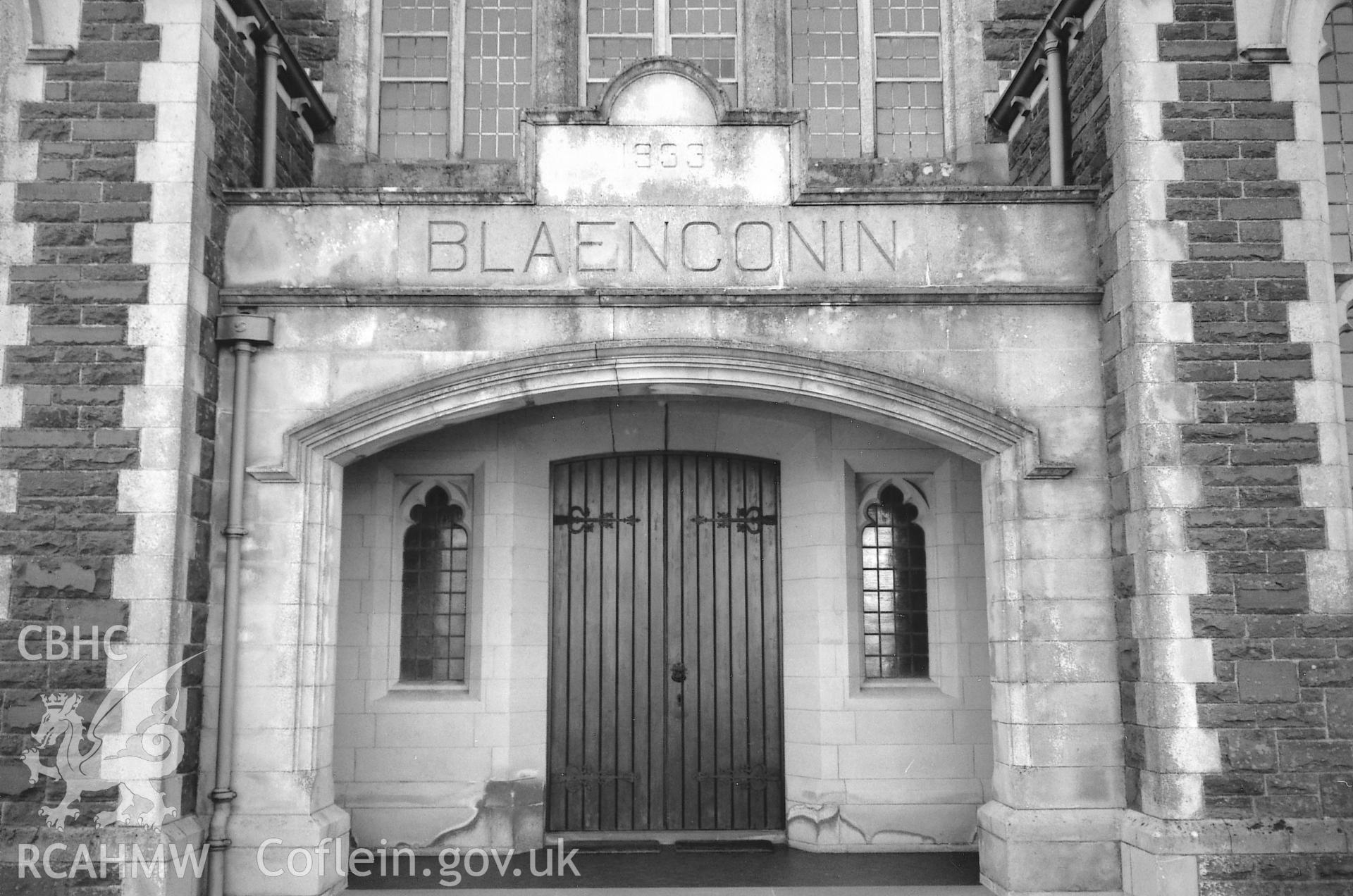 Digital copy of a black and white photograph showing an exterior view of Blaenconnin Baptist Chapel, Llandissilio, taken by Robert Scourfield, 1995.