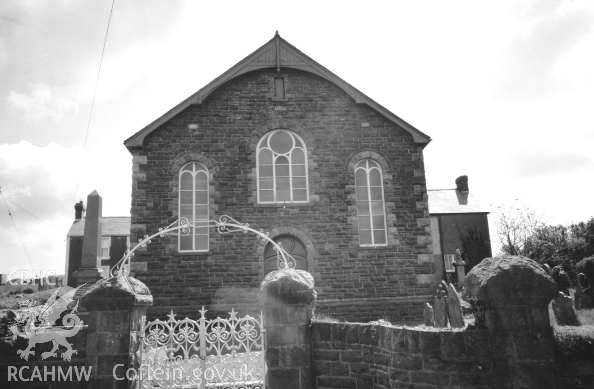 Digital copy of a black and white photograph showing exterior view of Horeb Welsh Baptist Chapel, Henry's Moat, taken by Robert Scourfield, 1996.