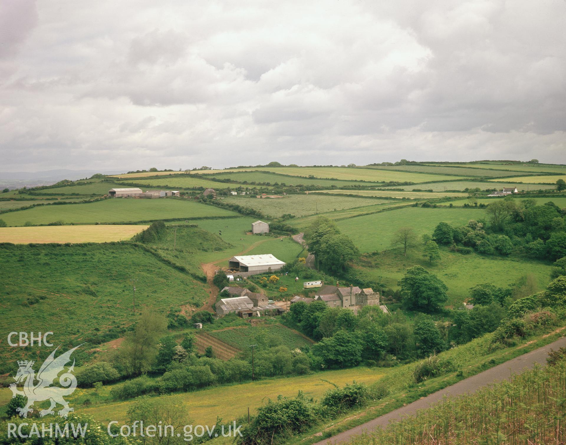 Colour transparency showing  landscape view of Glebe Farm, Cheriton, produced by RCAHMW and published in Glamorgan Medieval Non-Defensive volume.