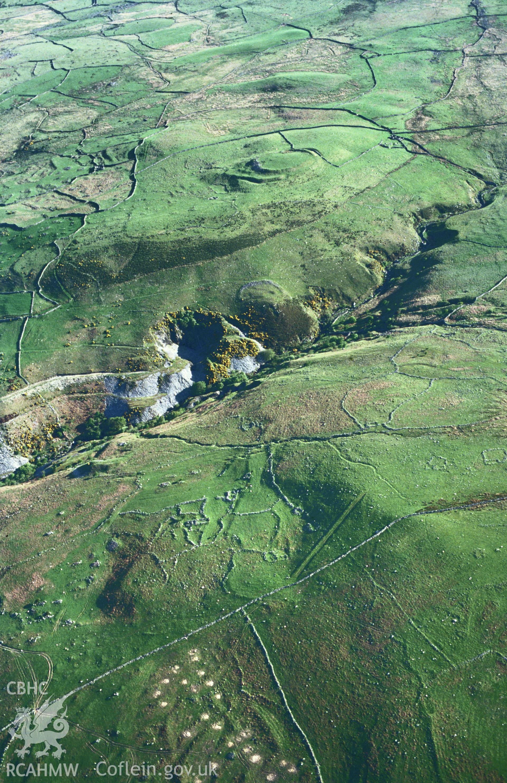 Slide of RCAHMW colour oblique aerial photograph of Mynydd Egryn Settlement, taken by C.R. Musson, 1993.