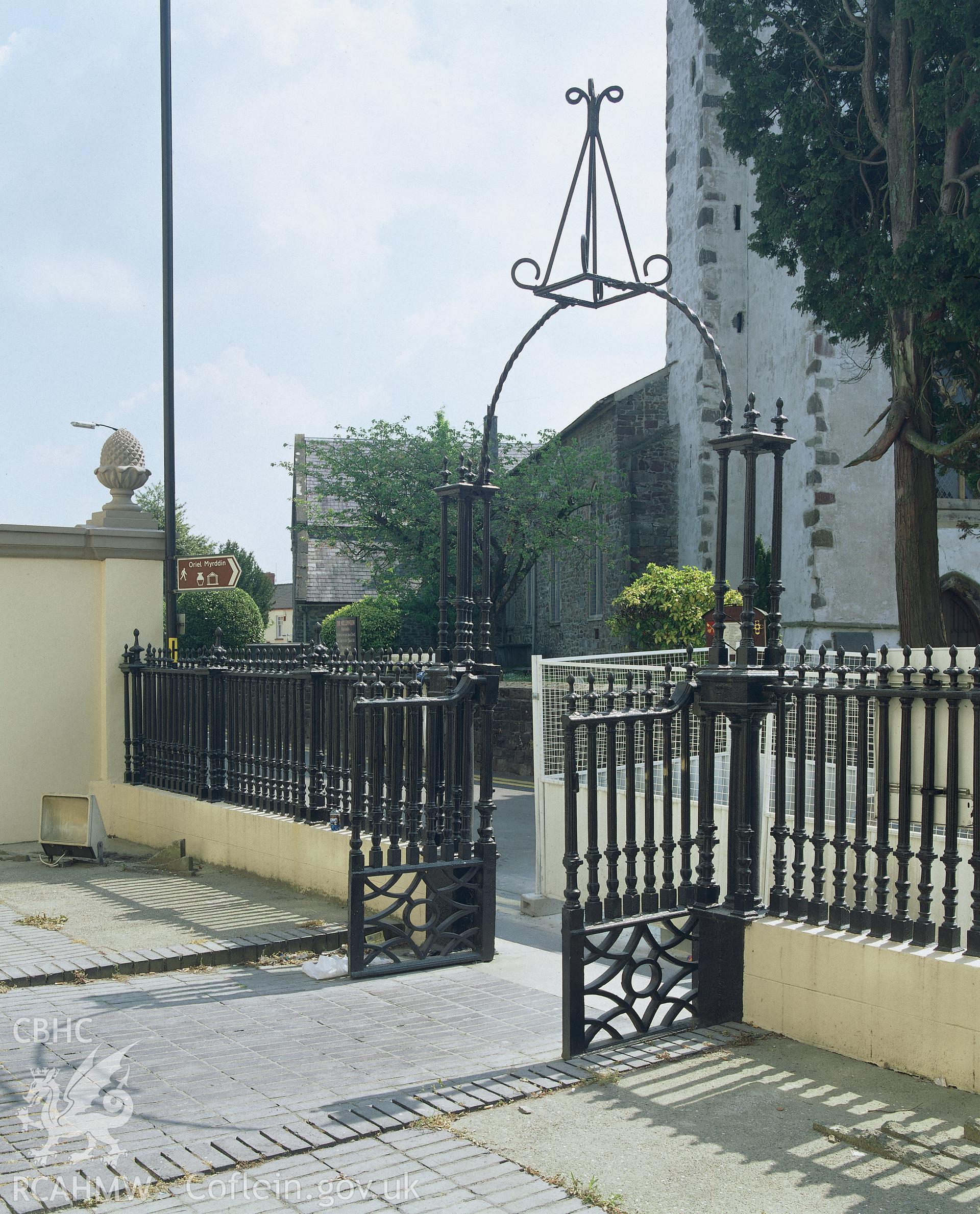 RCAHMW colour transparency showing railings to the fore of Furnace House, Carmarthen.