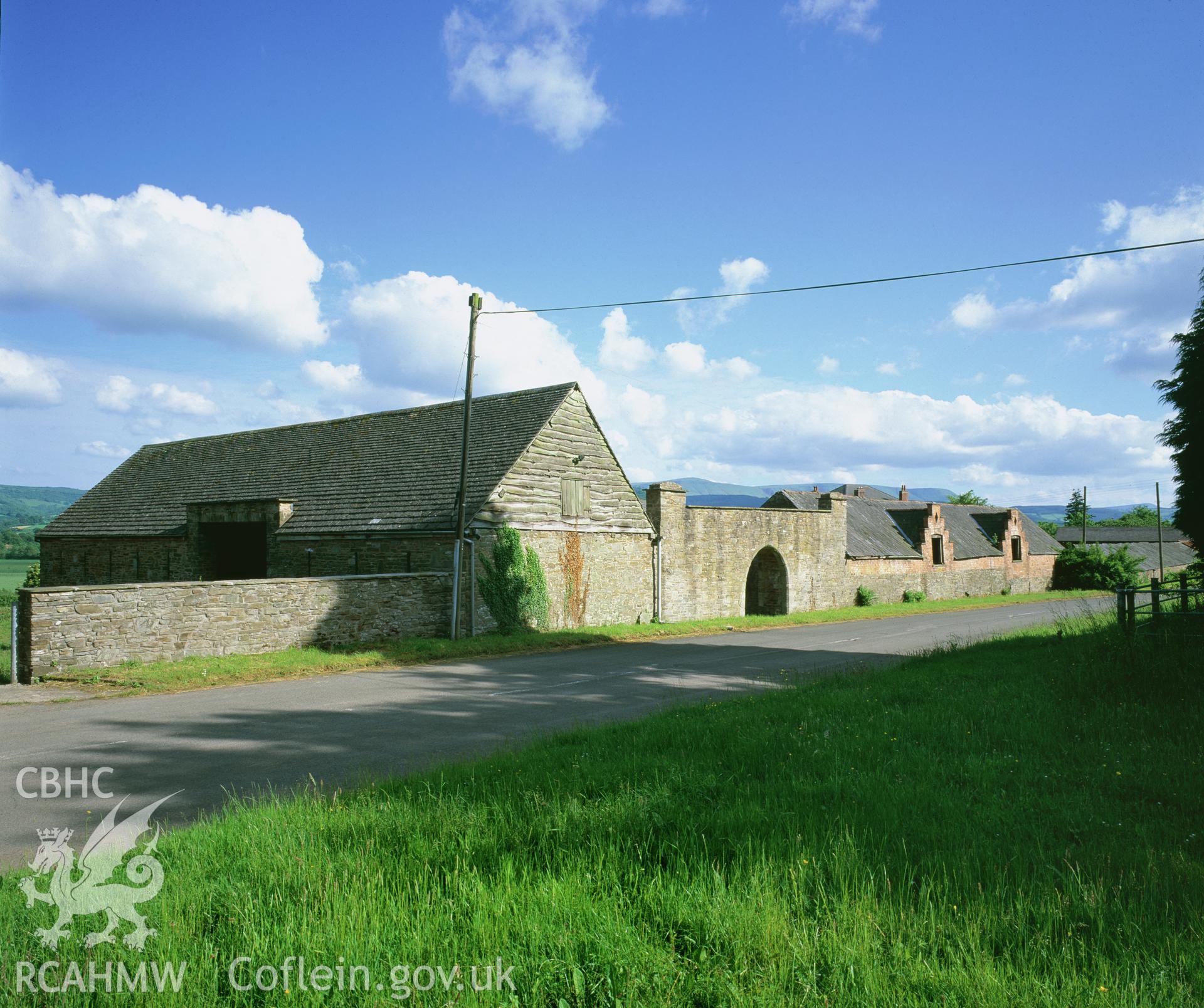 RCAHMW colour transparency showing a roadside view of the gateway at Clyro Court Farm, taken by Fleur James, August 2003