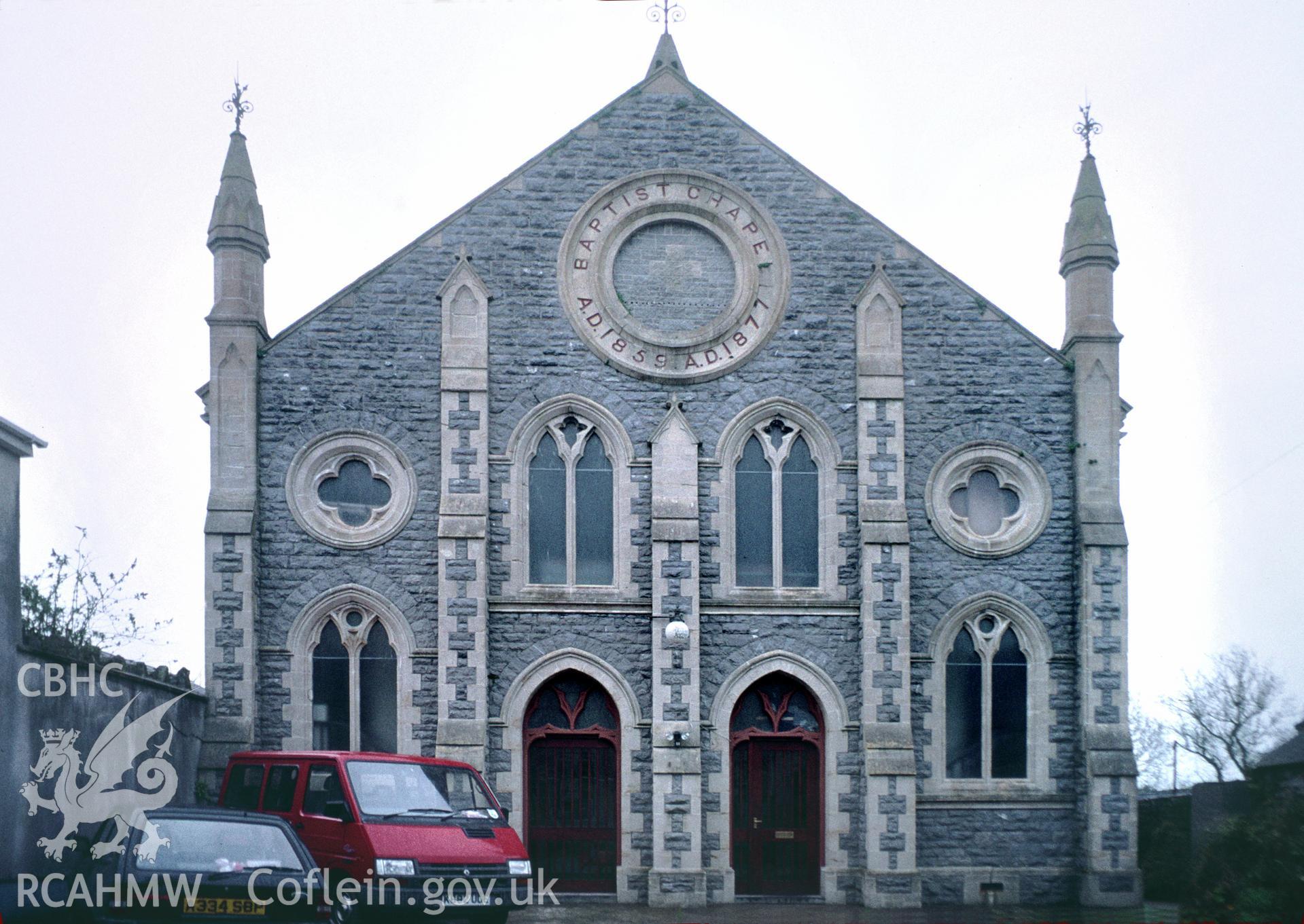 Digitised image copied from a colour slide of Mount Pleasant English Baptist Church, Pembroke,  taken by Stephen Hughes. Slide collection not yet passed to the Archive