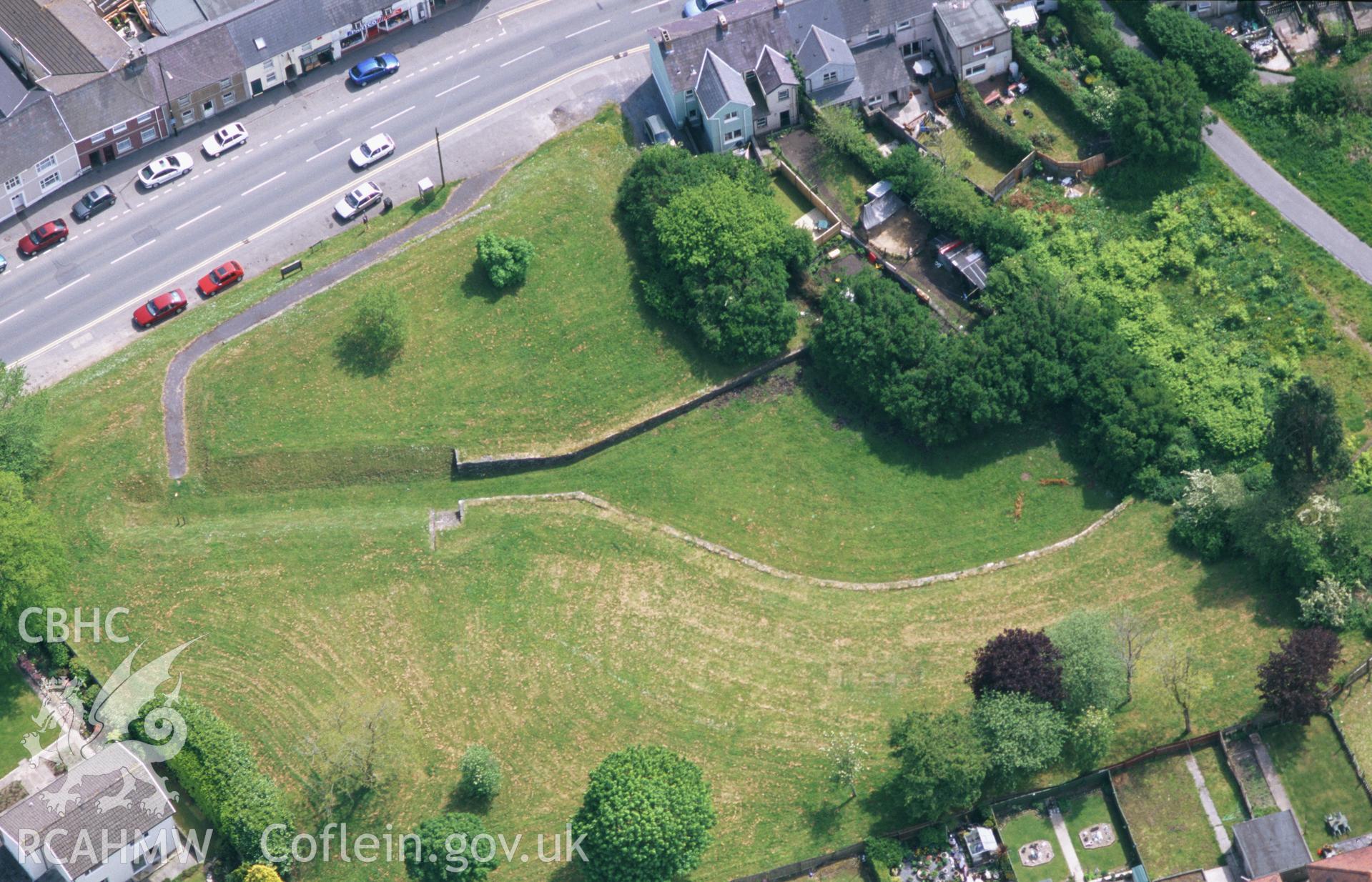 RCAHMW black and white oblique aerial photograph of Carmarthen Roman ampitheatre. Taken by Toby Driver on 16/05/2002