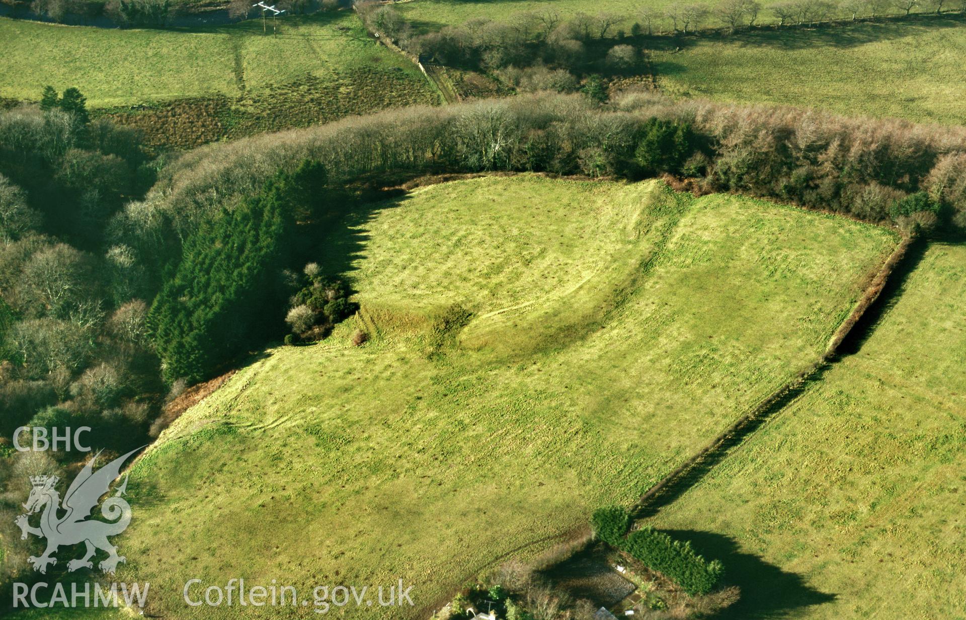 RCAHMW colour slide oblique aerial photograph of Bush Inn Enclosure, Robeston Wathen, Llawhaden, taken by C.R.Musson on the 02/02/1997