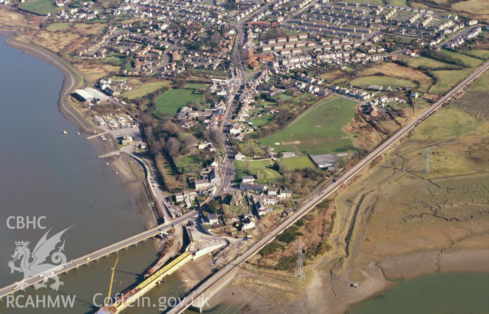 RCAHMW colour slide oblique aerial photograph of Loughor, taken by CR Musson on 25/02/88