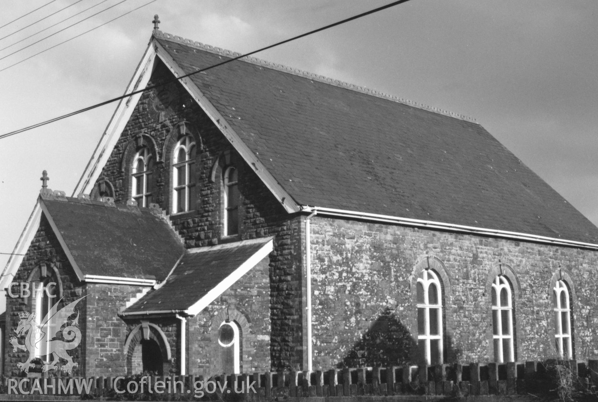 Digital copy of a black and white photograph showing an exterior view of Sardis Baptist Chapel, Houghton, taken by Robert Scourfield, 1996.