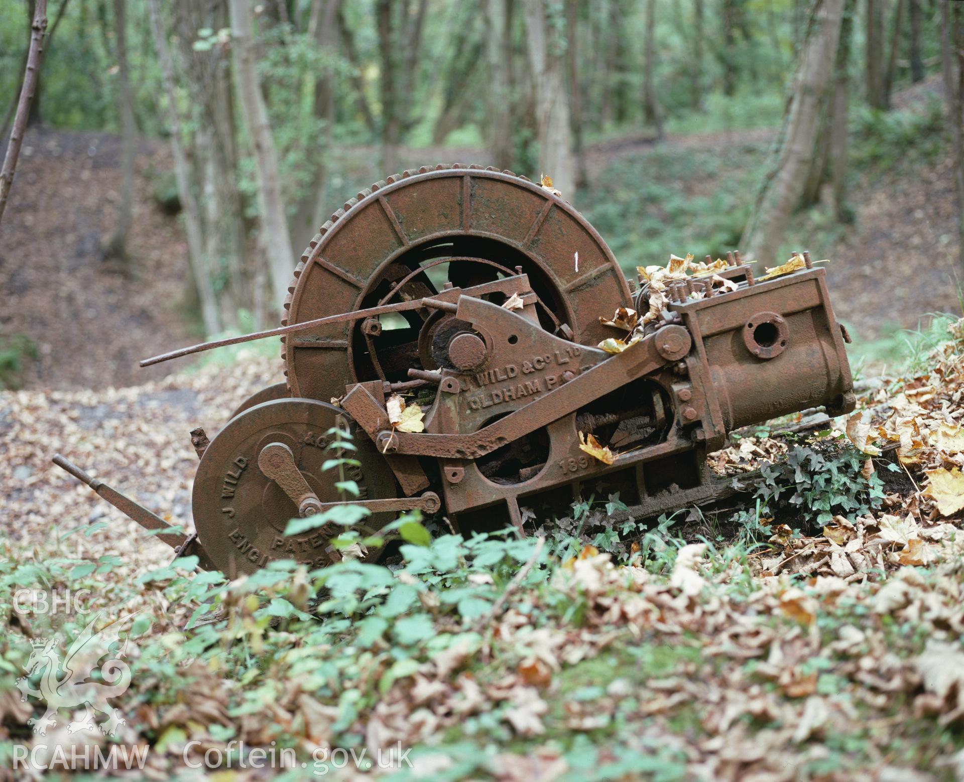 RCAHMW colour transparency showing a disused winding engine in Clyne Wood Colliery, taken by Iain Wright, 1981