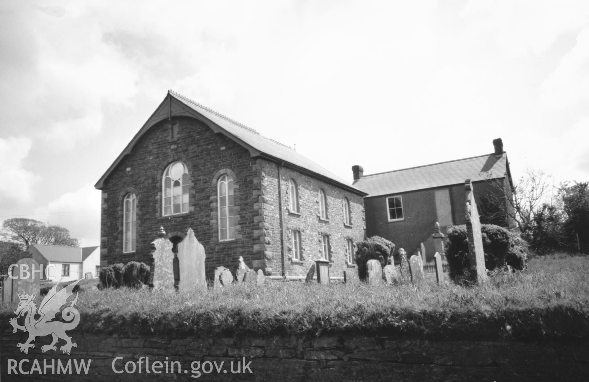 Digital copy of a black and white photograph showing exterior view of Horeb Welsh Baptist Chapel, Henry's Moat, taken by Robert Scourfield, 1996.