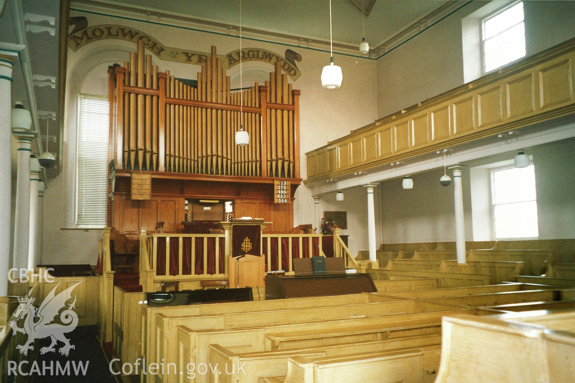 Digital copy of a colour photograph showing an interior view of Ebenezer Independent Chapel, Newport,  taken by Robert Scourfield, 1995.