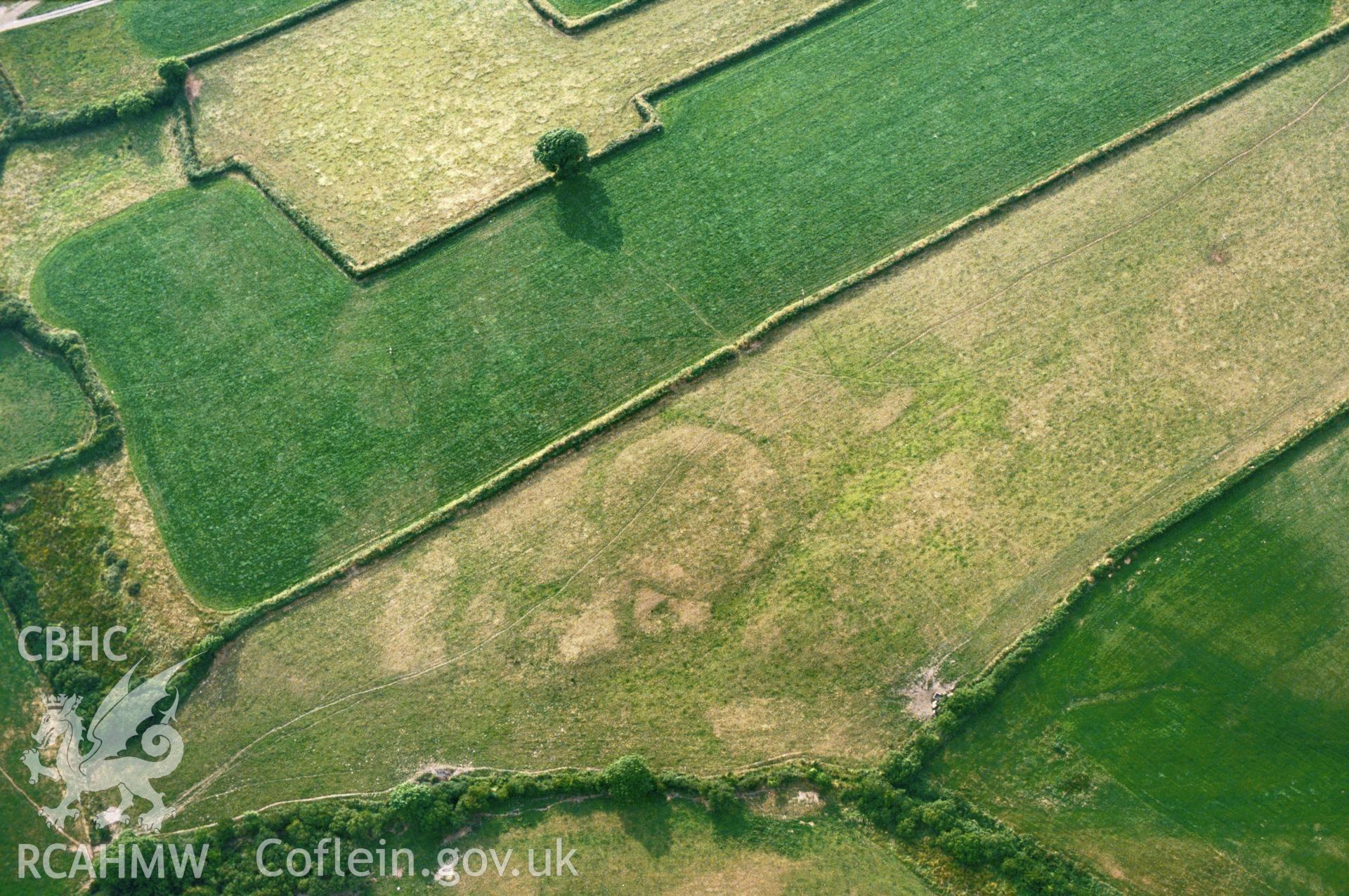 Slide of RCAHMW colour oblique aerial photograph of cropmark enclosure south of Spittal,  taken by C.R. Musson, 1989.