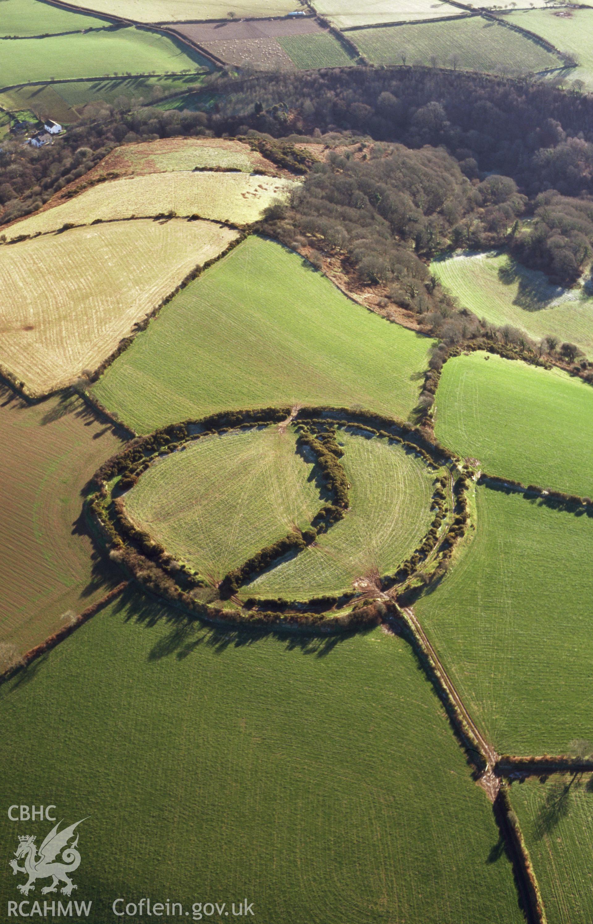 Slide of RCAHMW colour oblique aerial photograph of Castell Mawr, Meline, taken by Toby Driver, 2004.