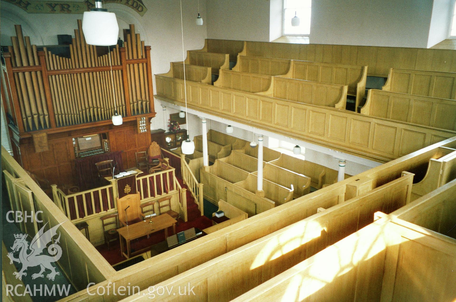 Digital copy of a colour photograph showing an interior view of Ebenezer Independent Chapel, Newport,  taken by Robert Scourfield, 1995.