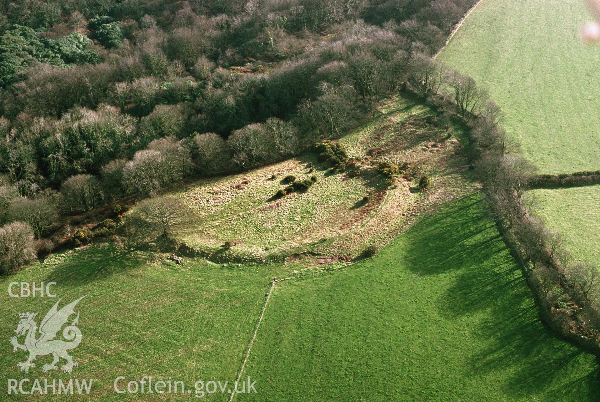 RCAHMW colour slide oblique aerial photograph of Sealyham Quarries, Enclosure, Wolfscastle, taken by C.R. Musson, 02/03/94