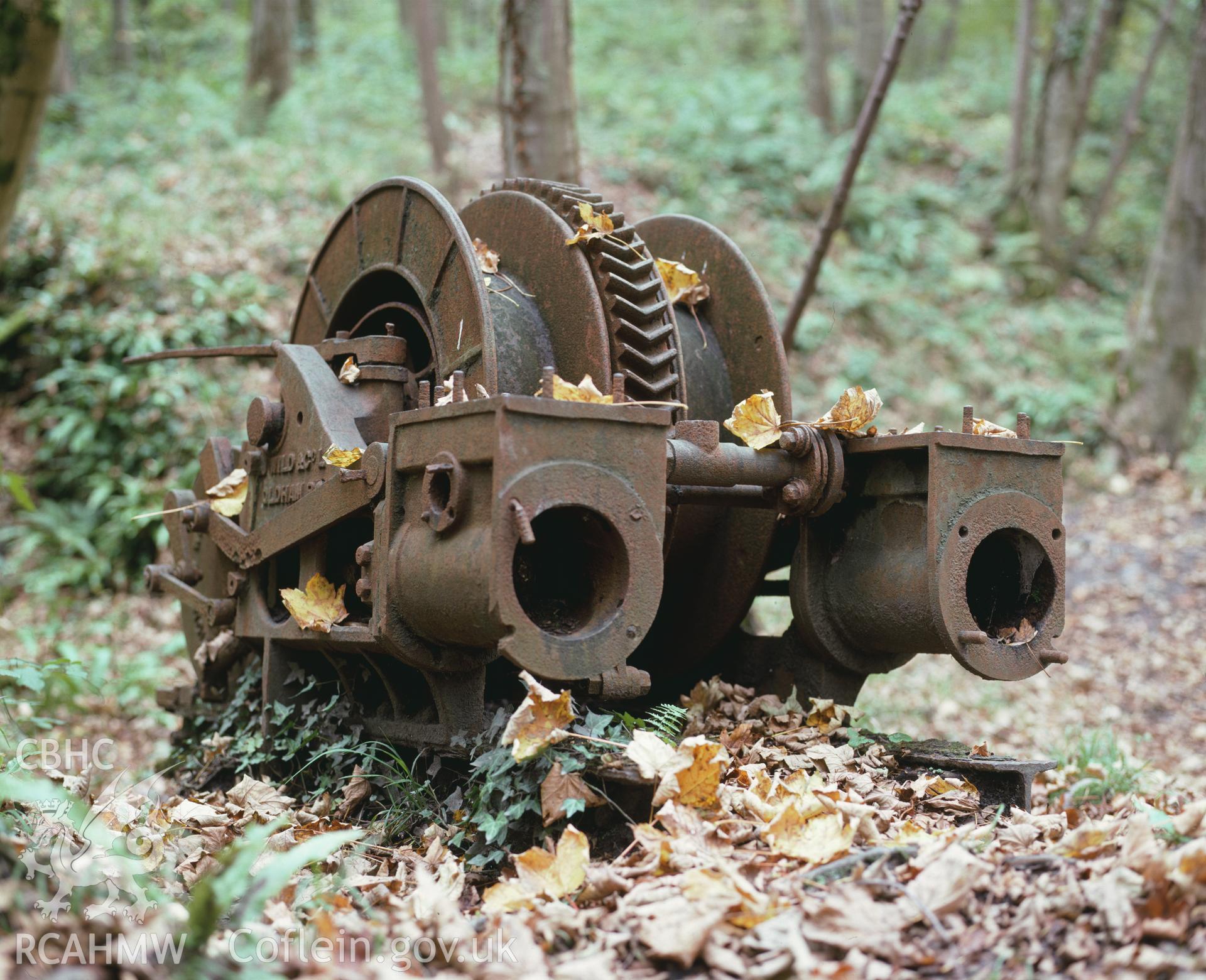 RCAHMW colour transparency showing a disused winding engine in Clyne Wood Colliery, taken by Iain Wright, 1981