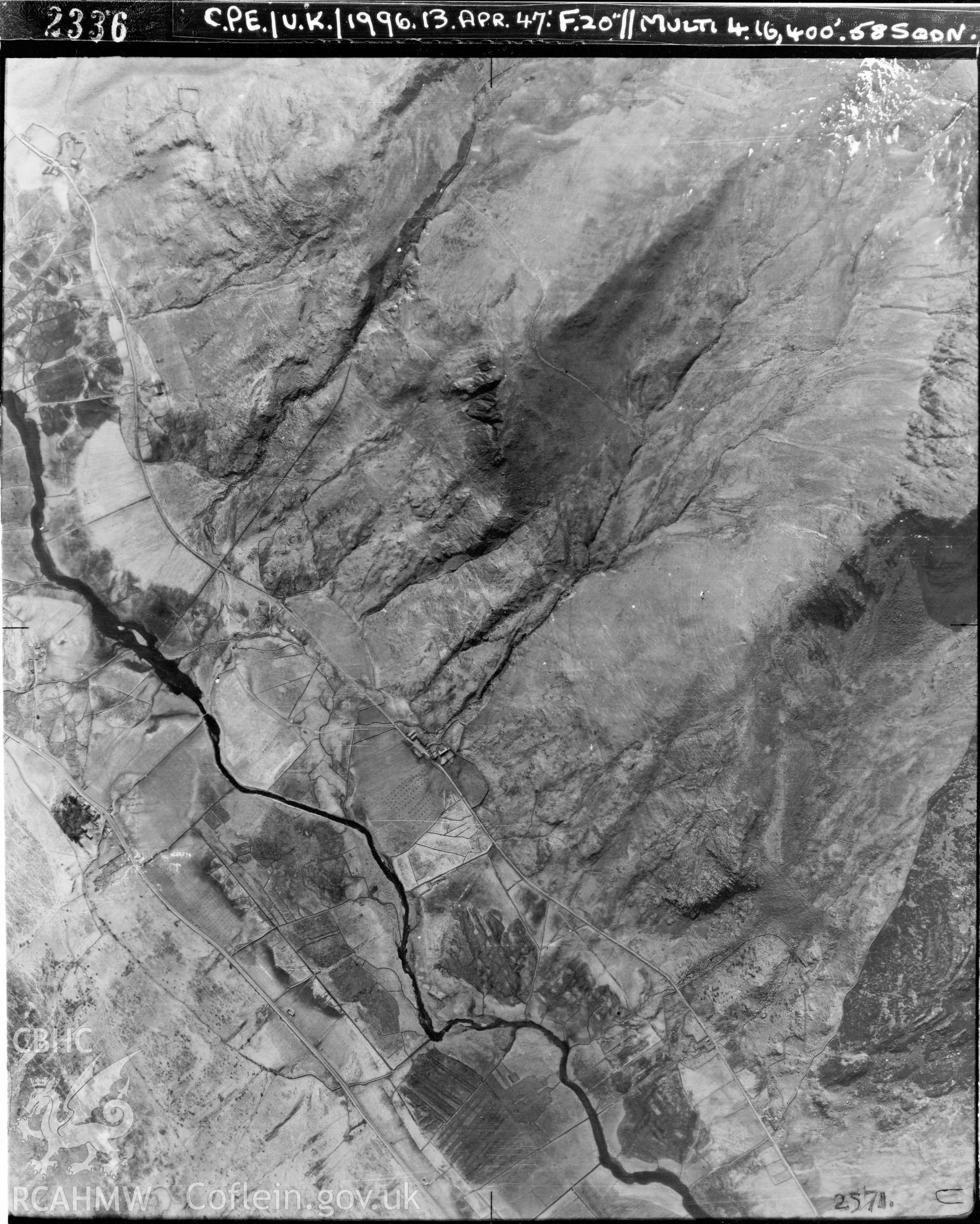 Black and white vertical aerial photograph taken by the RAF on 13/04/1947 centred on SH63766232 at a scale of 1:10000. The photograph includes part of Llandygai community in Gwynedd.