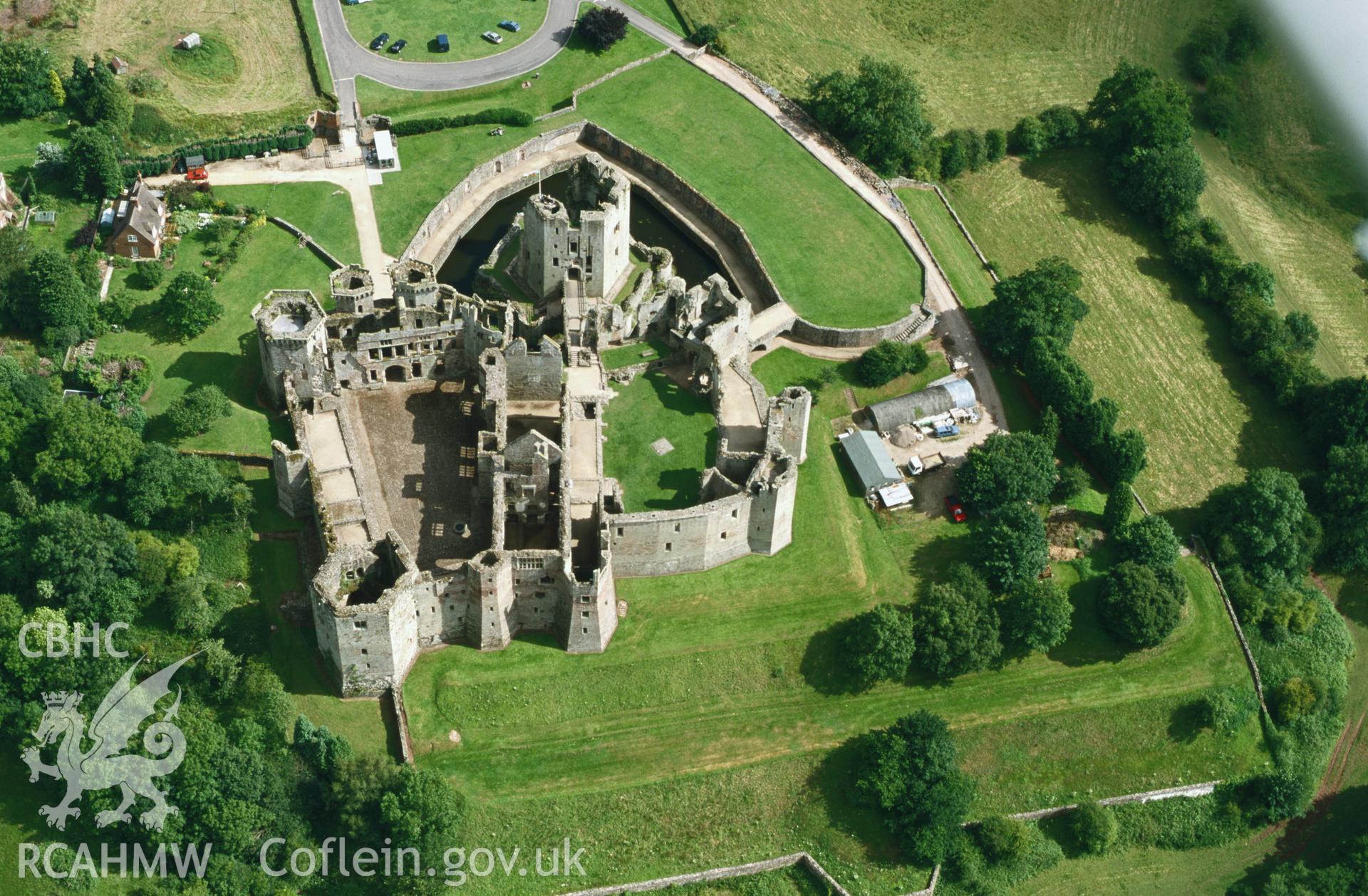 RCAHMW colour slide oblique aerial photograph of Raglan Castle., taken by Toby Driver, 2001