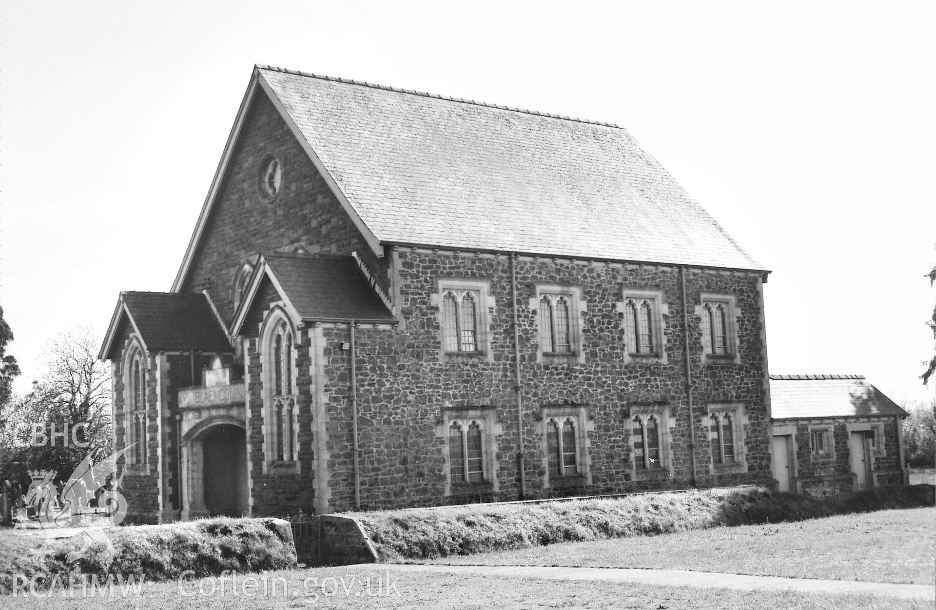 Digital copy of a black and white photograph showing an exterior view of Blaenconnin Baptist Chapel, Llandissilio, taken by Robert Scourfield, 1995.