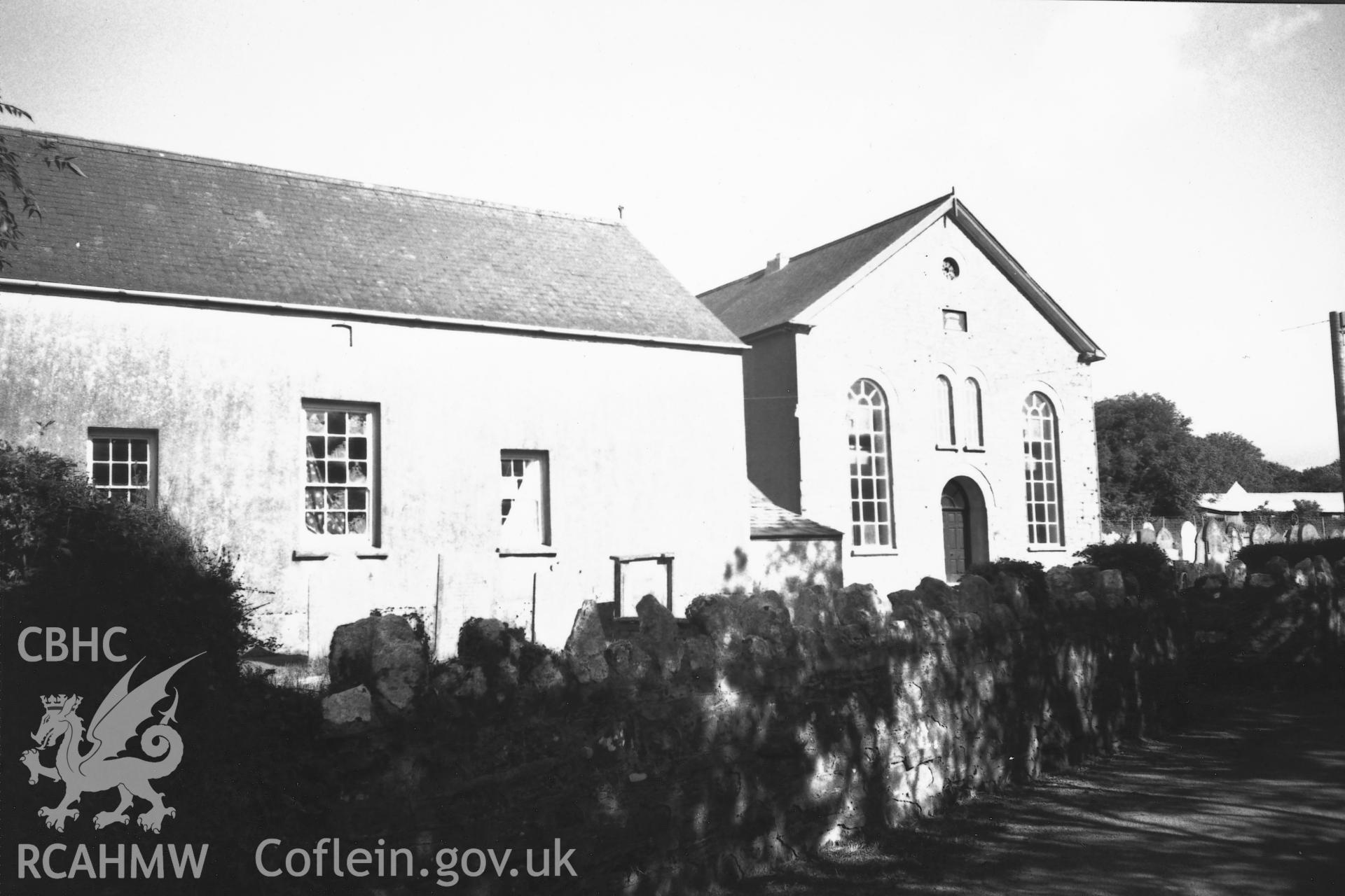 Digital copy of a black and white photograph showing general view of Old Bethel Baptist Chapel, Mynachlog Ddu, taken by Robert Scourfield, 1995.