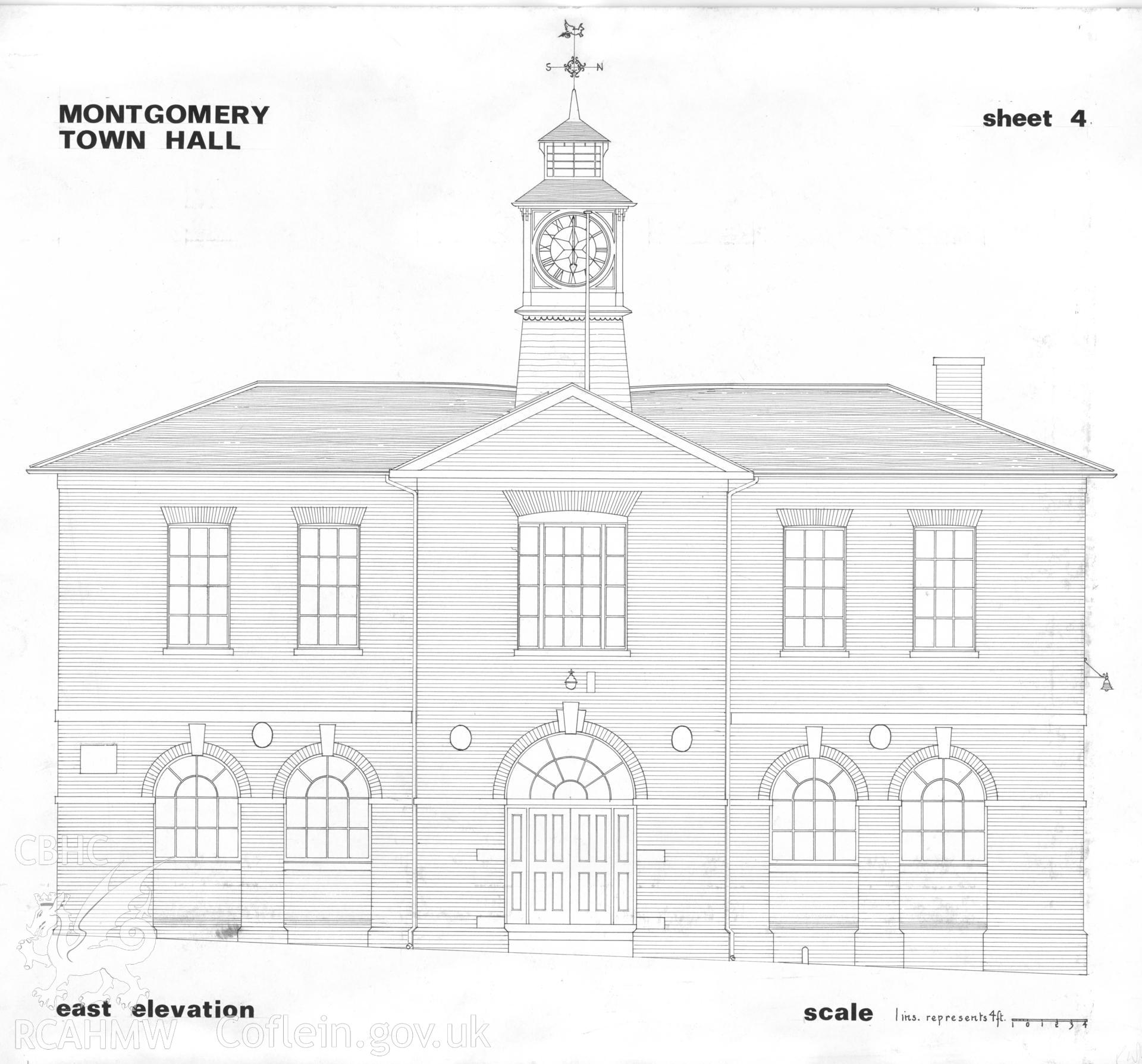 Measured drawing showing east elevation of Montgomery Town Hall, produced by R.W. Jones, undated.