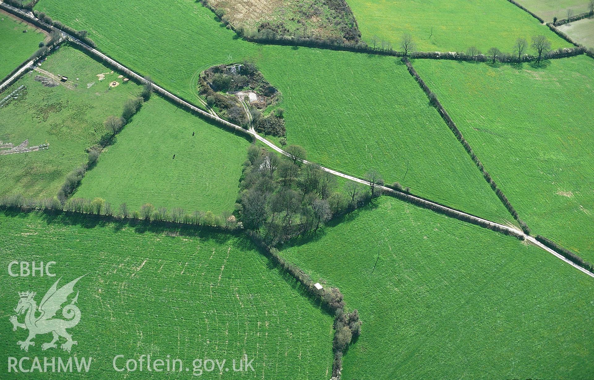 Slide of RCAHMW colour oblique aerial photograph of Gaer Fach, Llanfihangel Ystrad.