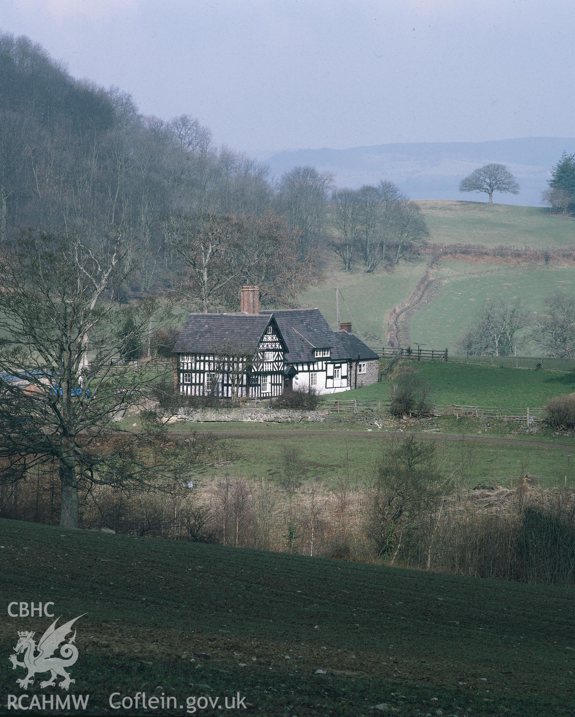 RCAHMW colour transparency showing view of Cefnllyfnog, Llansantfraid Pool.