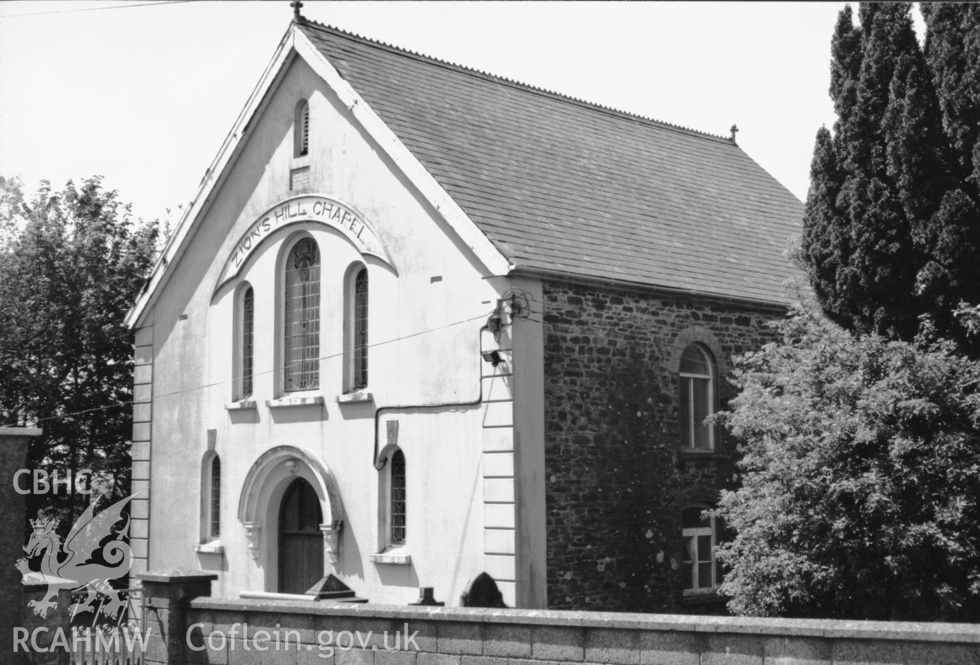 Digital copy of a black and white photograph showing an exterior view of Zion Hill Congregational Chapel,  taken by Robert Scourfield, 1996.