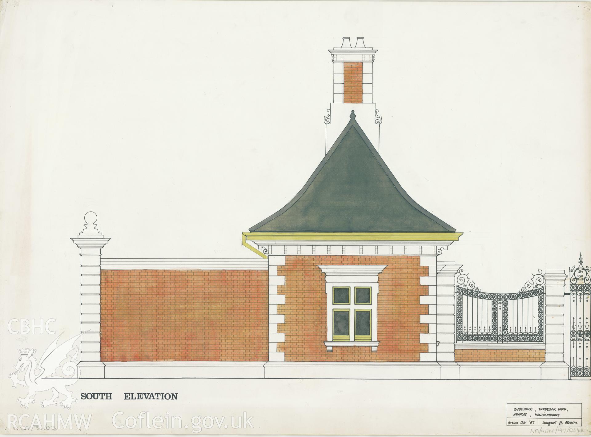 Measured drawing showing south elevation of gatehouse at Tredegar Park, produced by Margaret Alderton, October 1967.