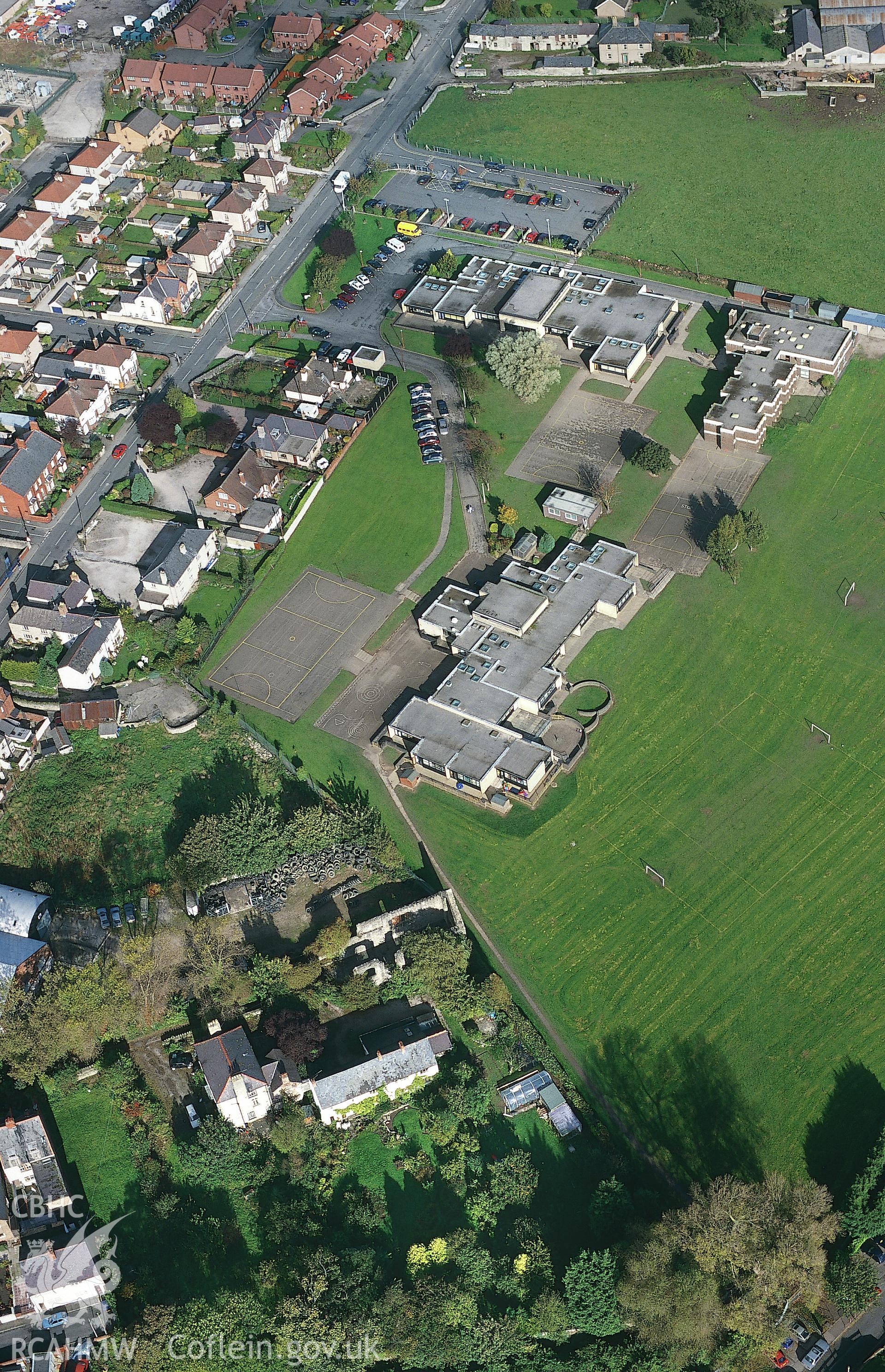 RCAHMW colour slide oblique aerial photograph of Carmelite Friary, Denbigh, taken by T.G. Driver on the 17/10/2000.