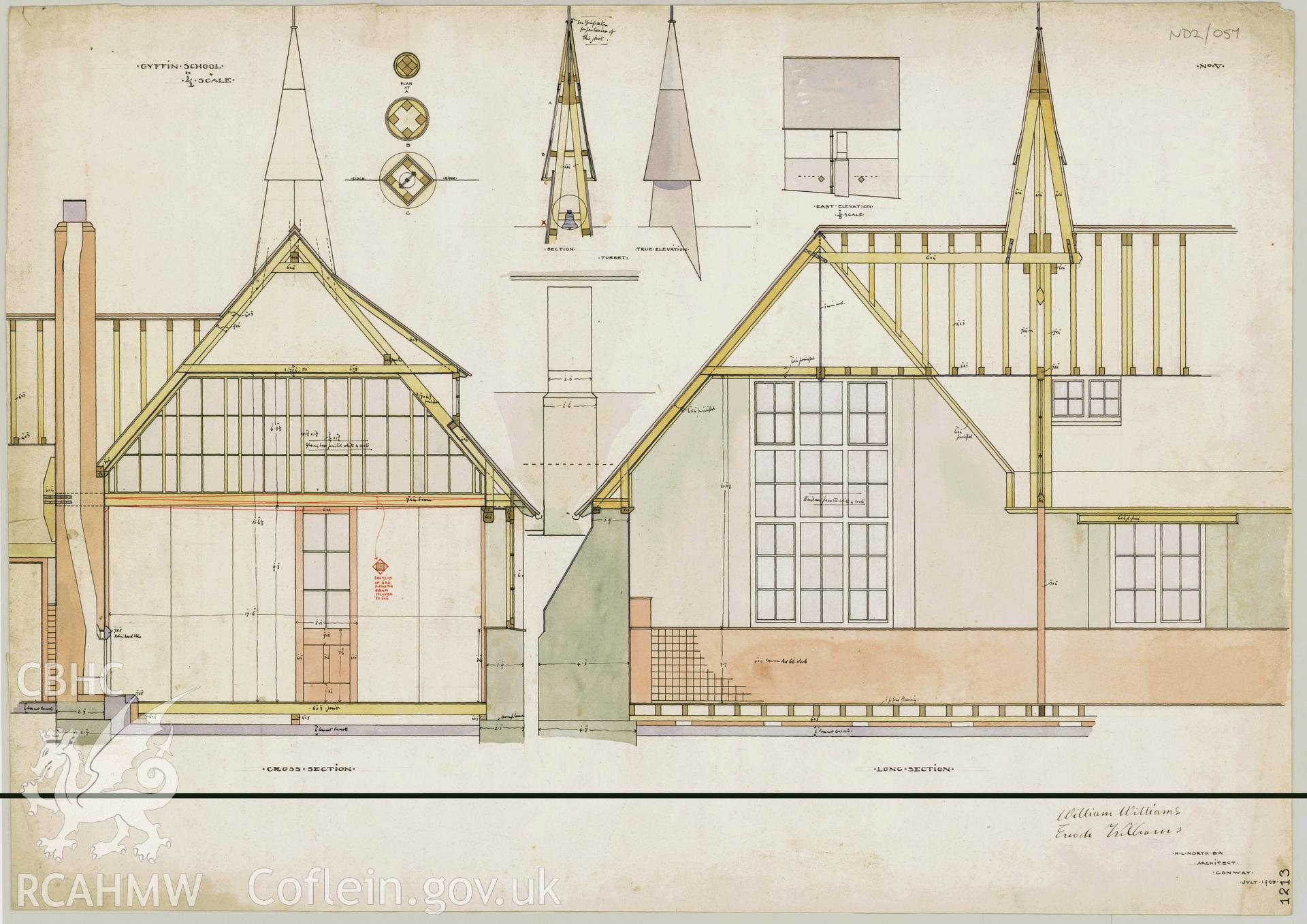 Long section and cross section for Gyffin National School, ink and colour wash on paper, scale two feet to one inch.