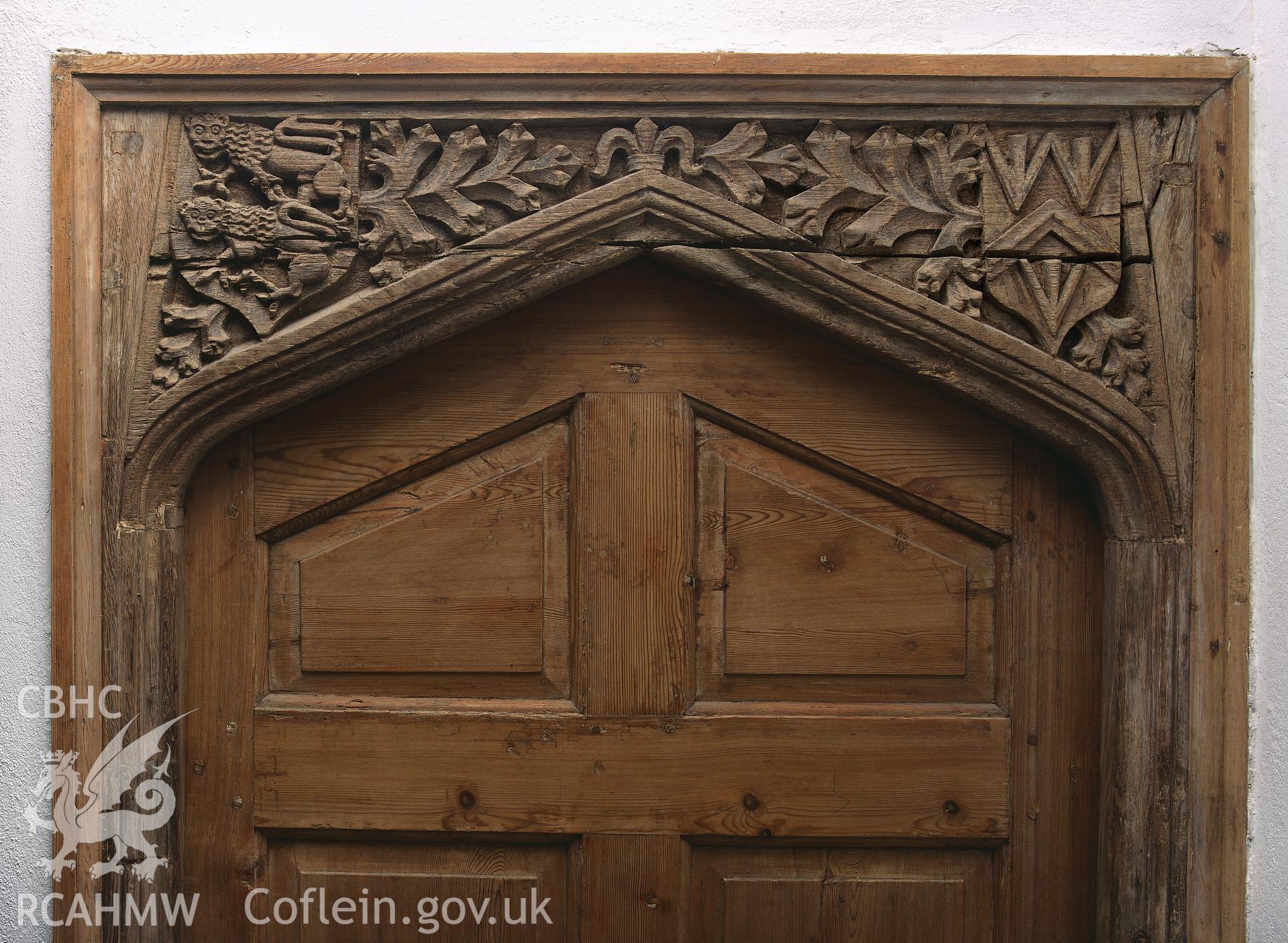 RCAHMW colour transparency showing detail of a spandrel in a door frame at Rhydarwen, Llanarthney.