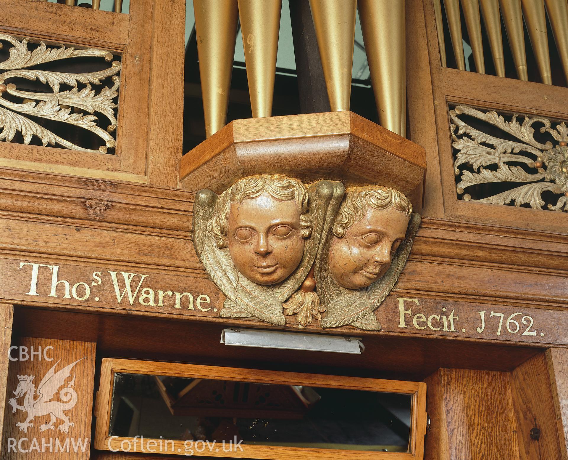 RCAHMW colour transparency showing detail of the organ case at St Mary's Church, Kidwelly.