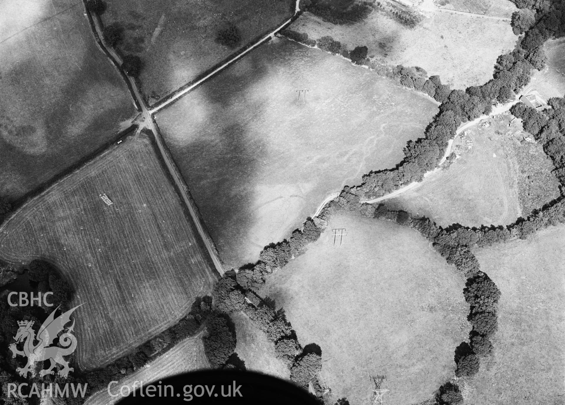 RCAHMW black and white oblique aerial photograph of cropmarks at Pentre, Llanfairclydogan, taken 1995.