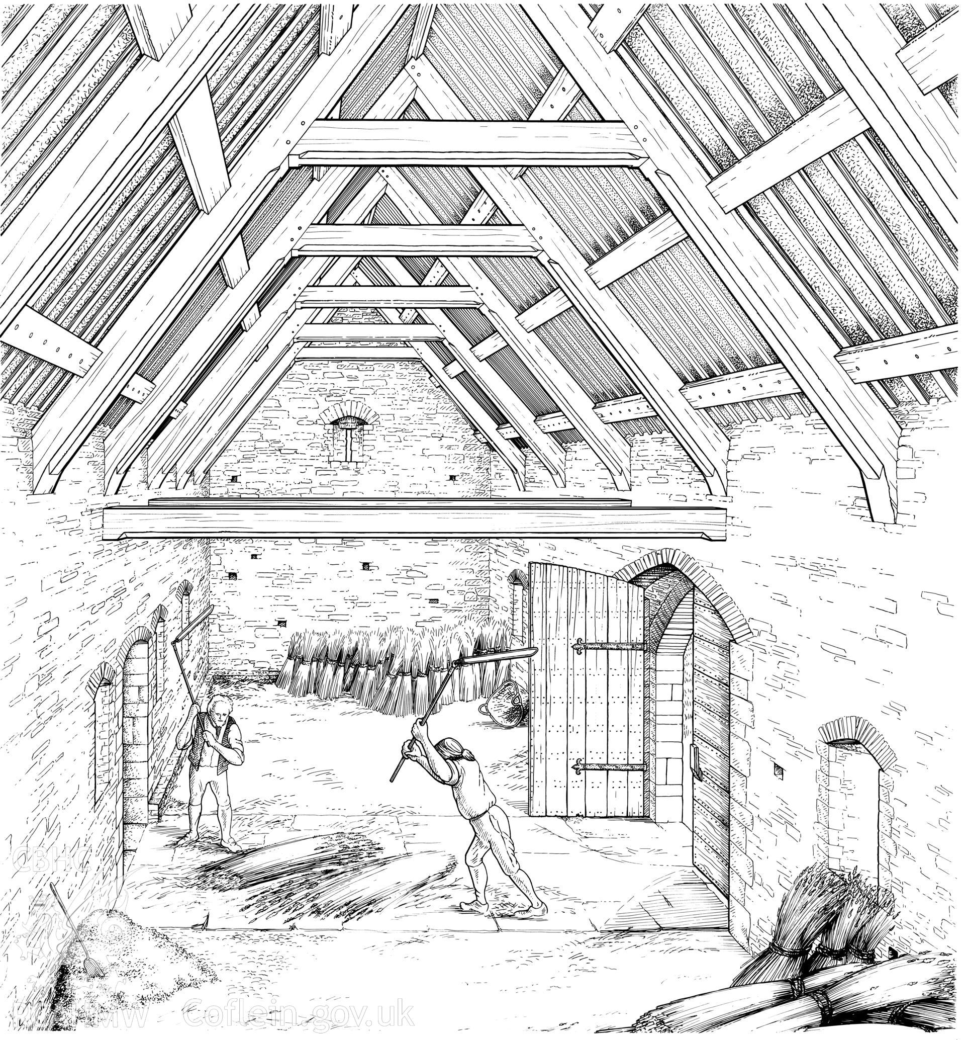 Digitised copy of a pen and ink reconstruction drawing showing threshing at Llanmihangel Place barn, from RCAHMW publication, Glamorgan Farmhouses and Cottages, fig 11. Original not catalogued in NMRW Archive.