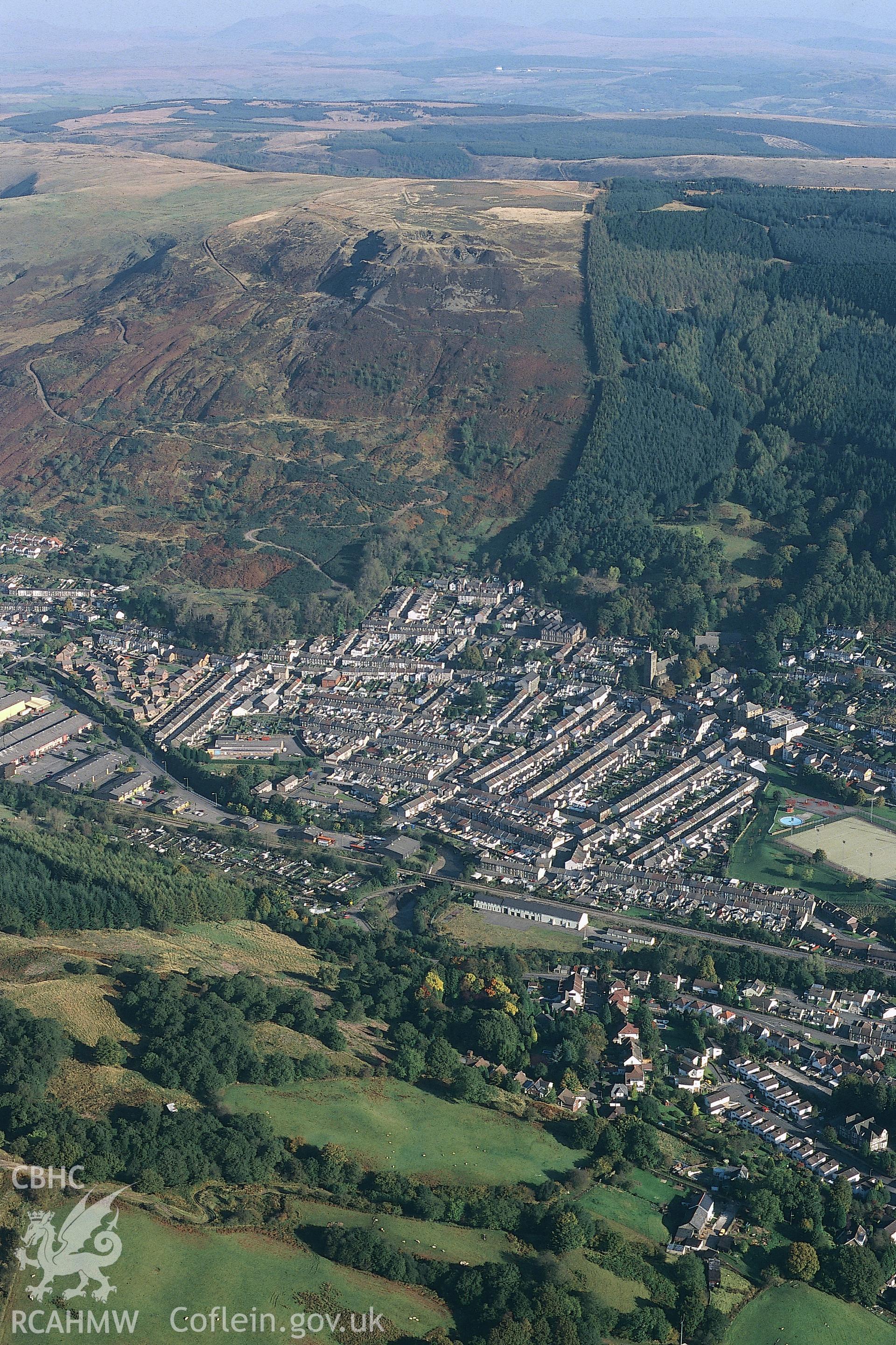 Slide of RCAHMW colour oblique aerial photograph of Treorchy and the Rhondda, taken by T.G. Driver, 1999.