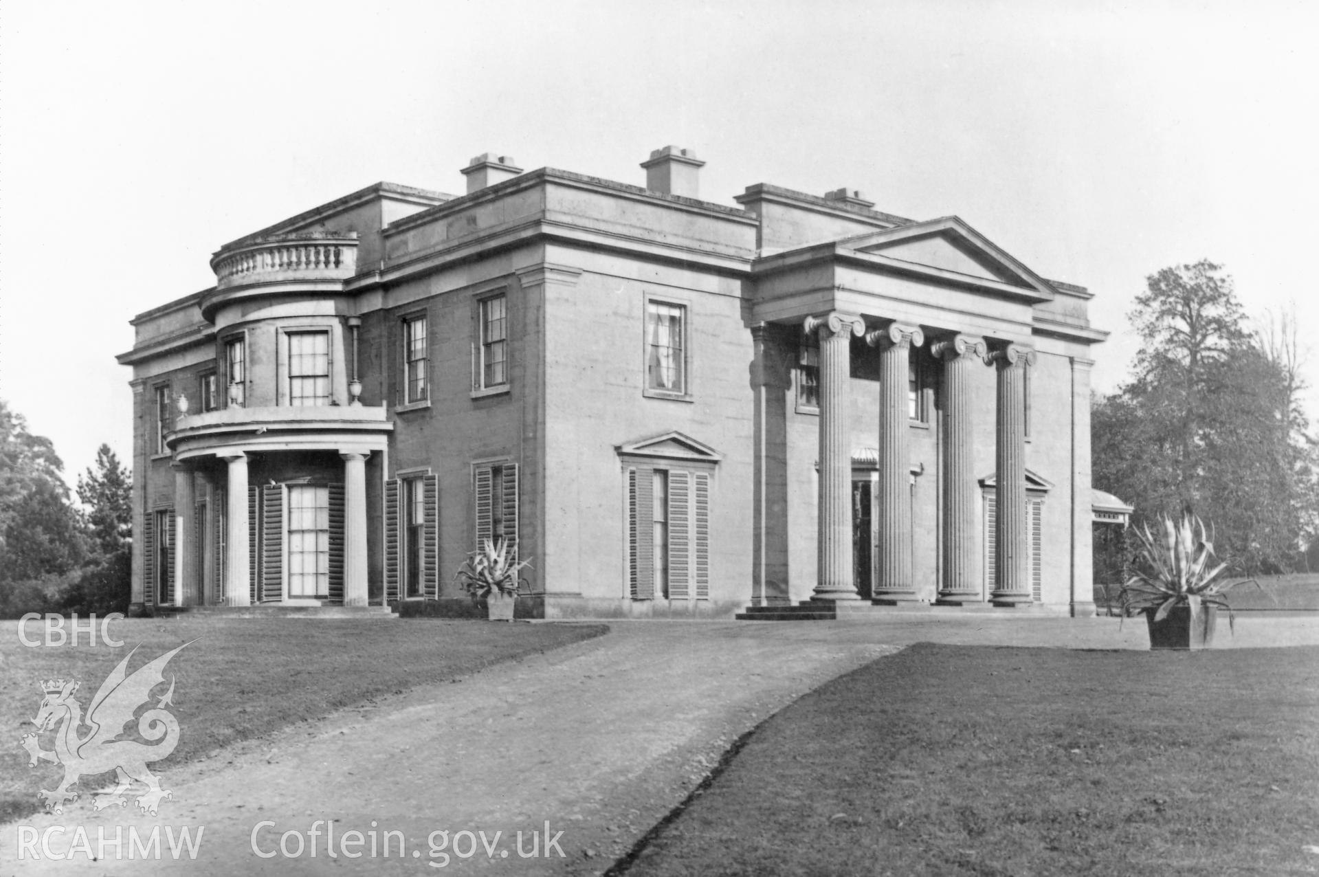 Clytha House, Llanarth Fawr; one black and white photograph showing general exterior view of the house.