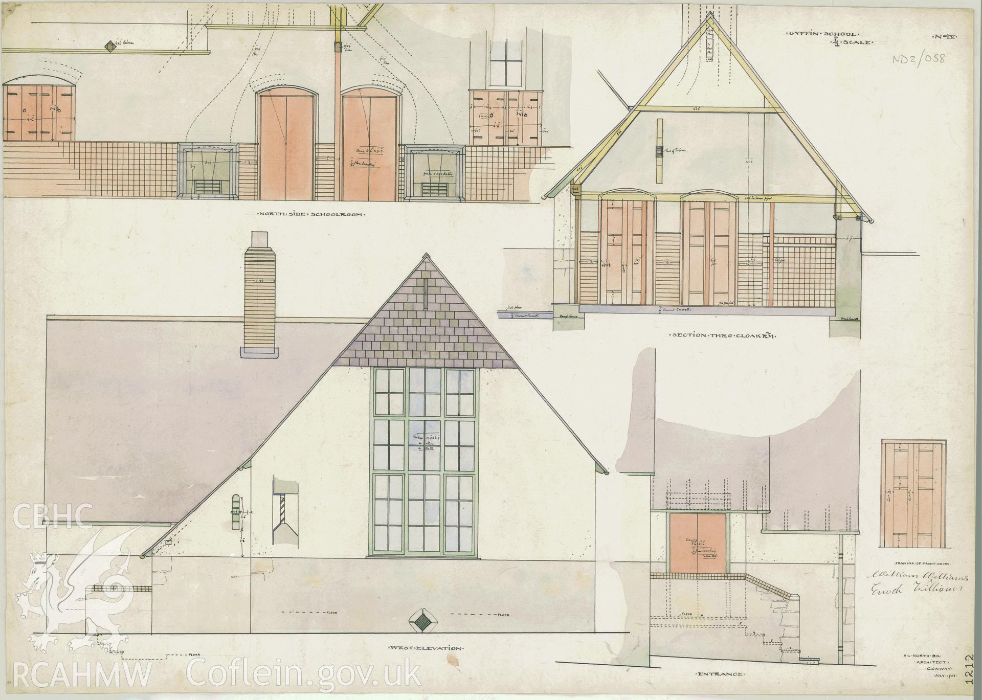 Elevations and sections for Gyffin National School, ink and colour wash on paper, scale two feet to one inch.