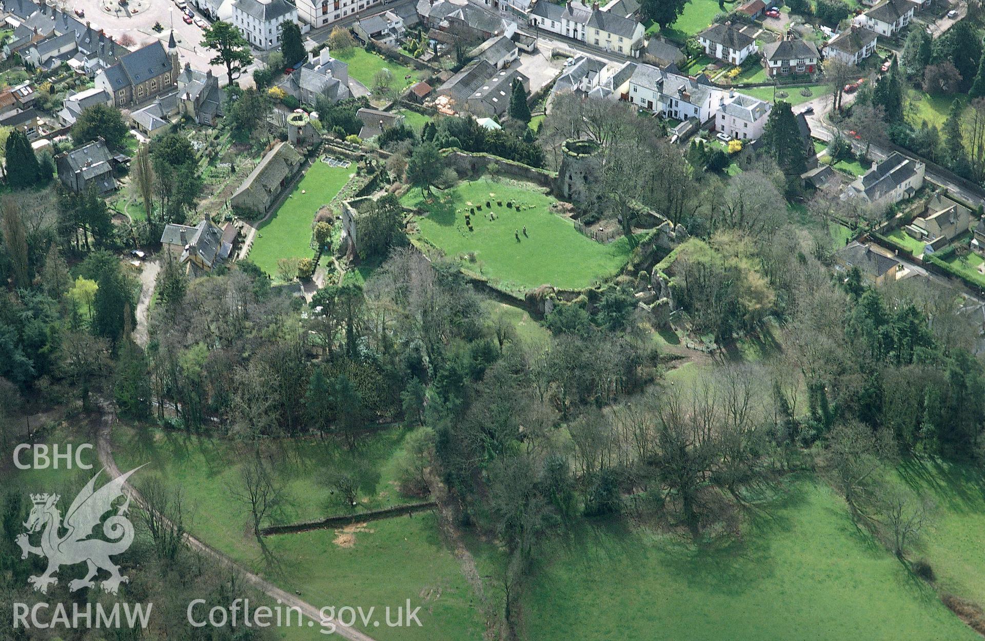 RCAHMW colour slide oblique aerial photograph of Usk Castle, Usk, taken by C.R. Musson, 24/03/94