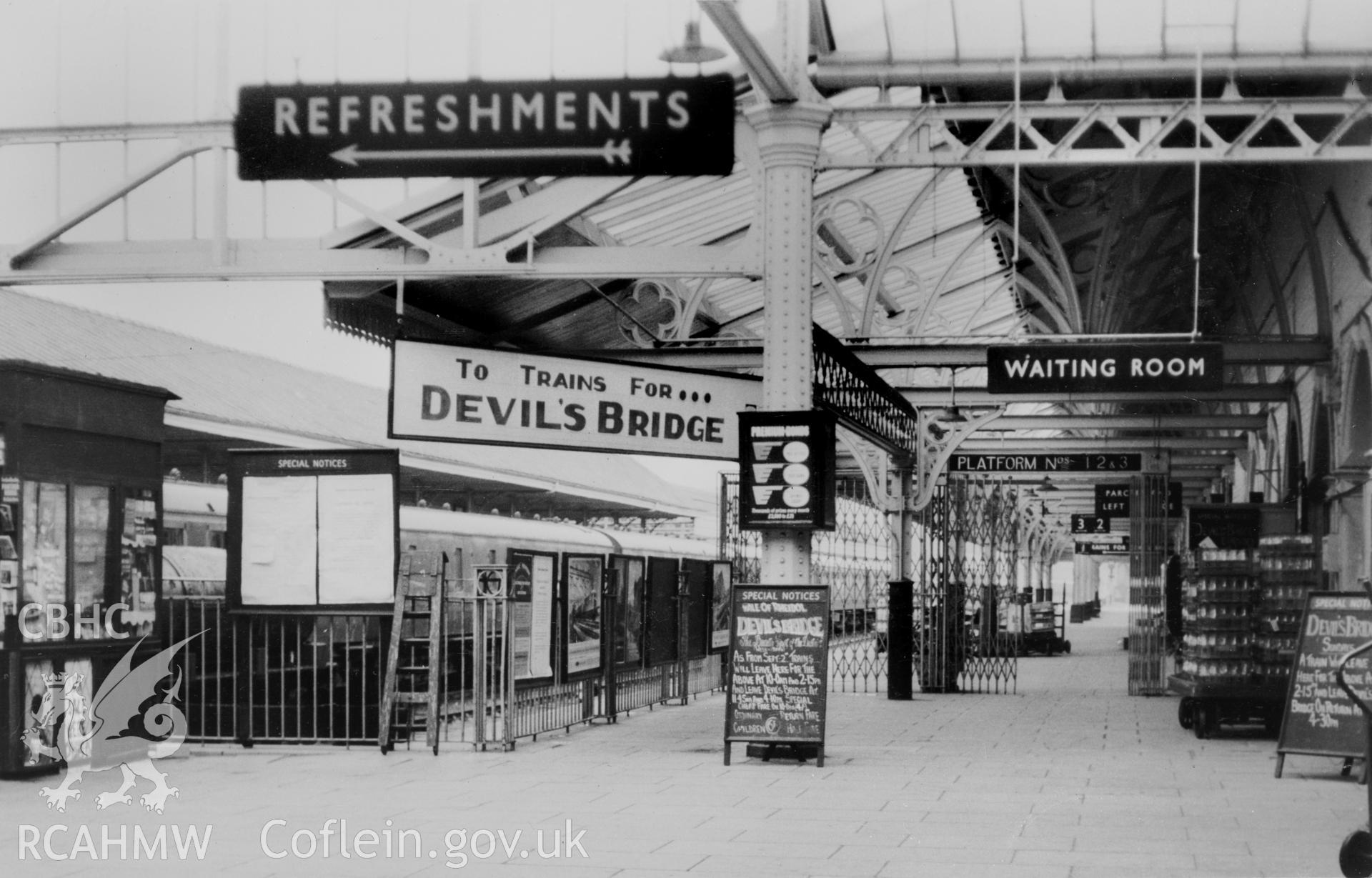 Black and white photograph of the interior of Aberystwyth Railway station, from Rokeby Album.