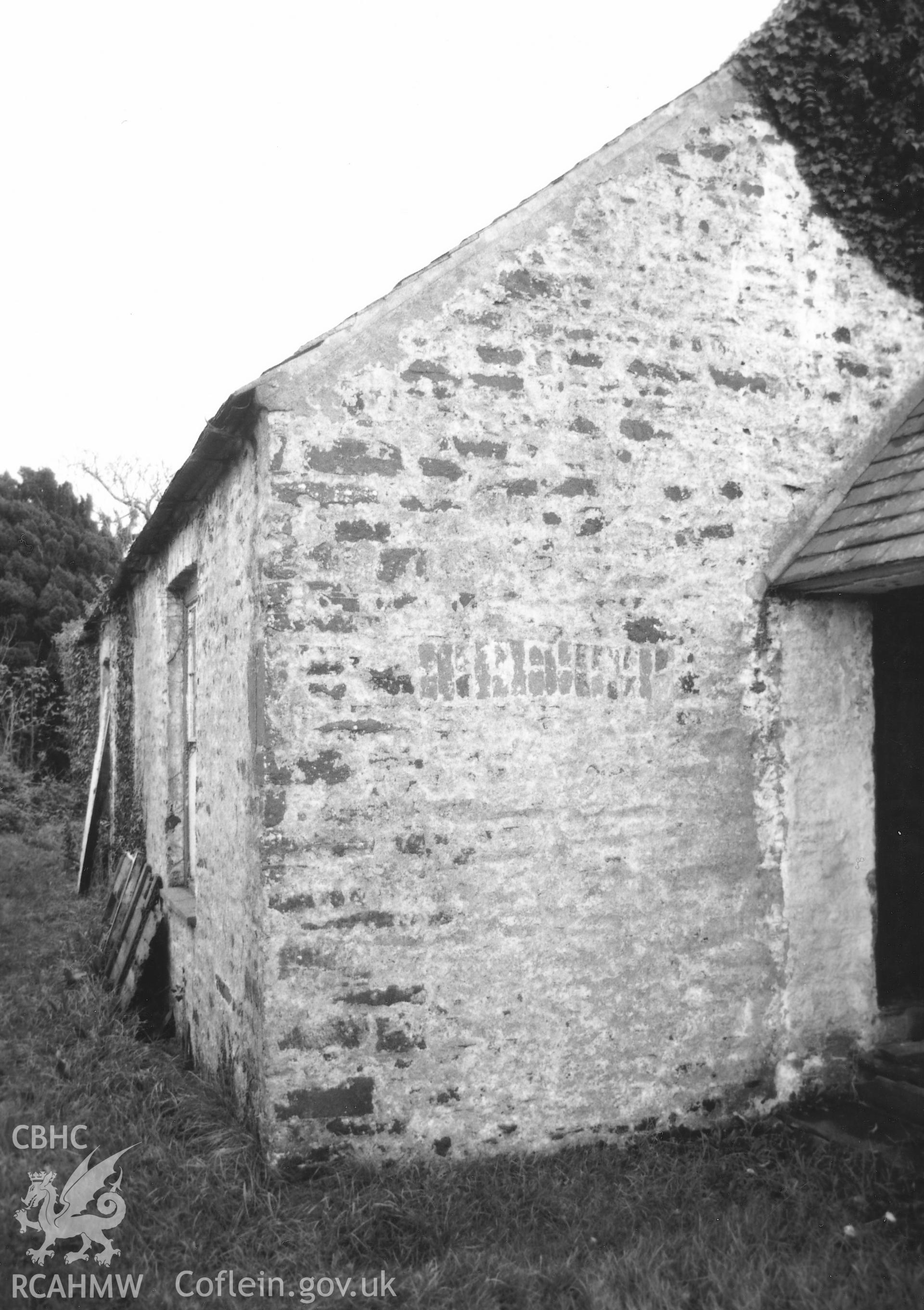 Digital copy of a black and white photograph showing general view of Burnett's Hill Calvinistic Methodist Chapel,  Martletwy, taken by Robert Scourfield, c.1996.