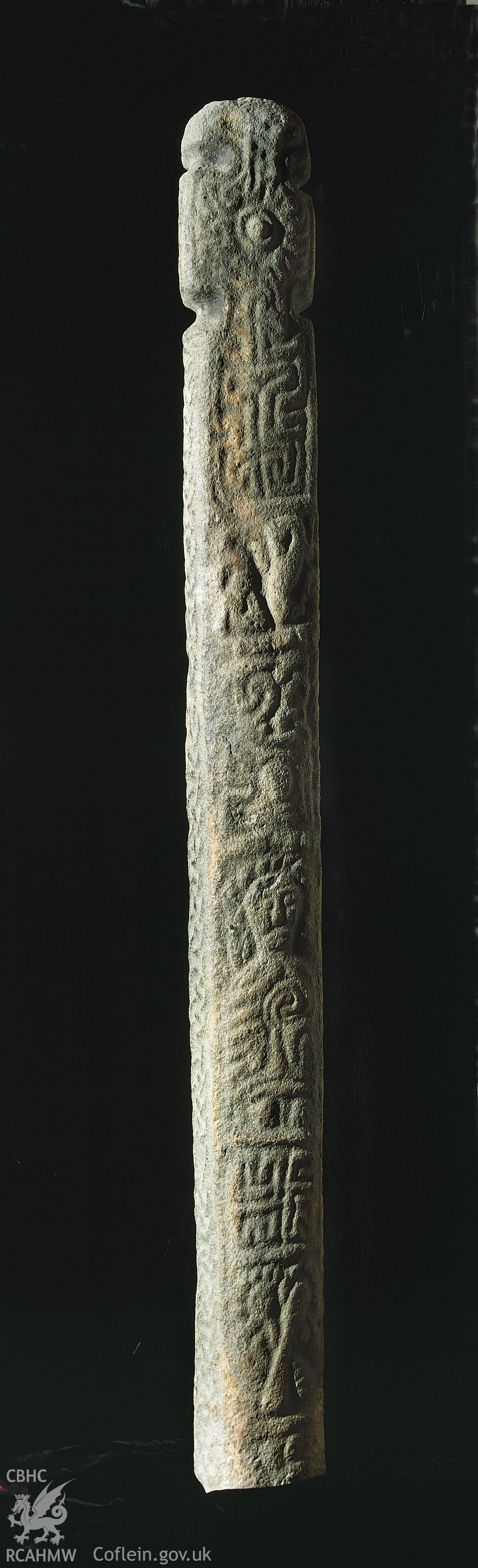 RCAHMW colour transparency showing inscribed stone at Llanbadarn Fawr.