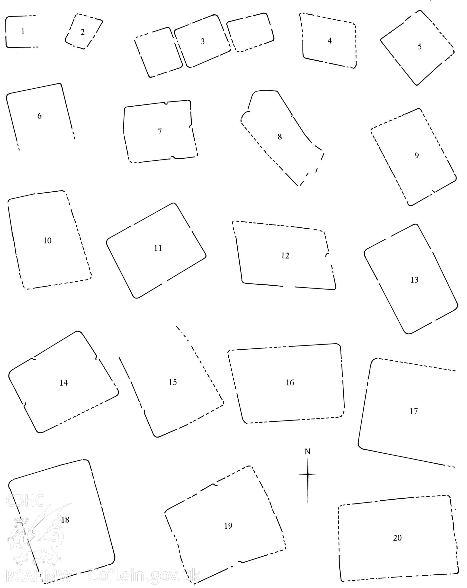 Figure 15: Paper and digitised copy of drawing of comparative plans of marching camps (part 1 of 2), produced for University of Wales Press publication "Roman Camps in Wales and the Marches", by J.L. Davies and R.H. Jones, Board of Celtic Studies, University of Wales.