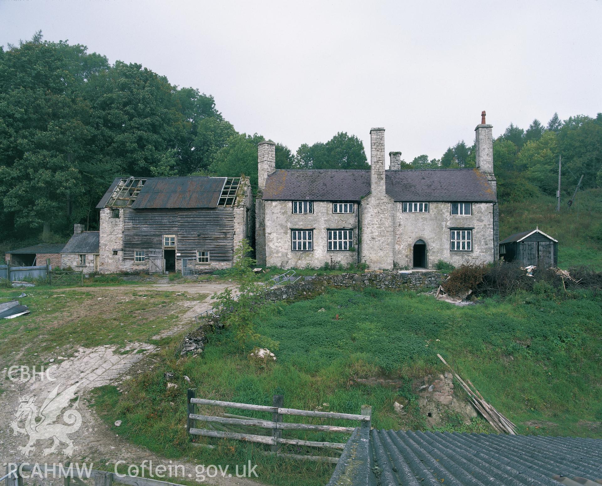 RCAHMW colour transparency showing general view of house and barn at Plas Uchaf, near Ruthin.